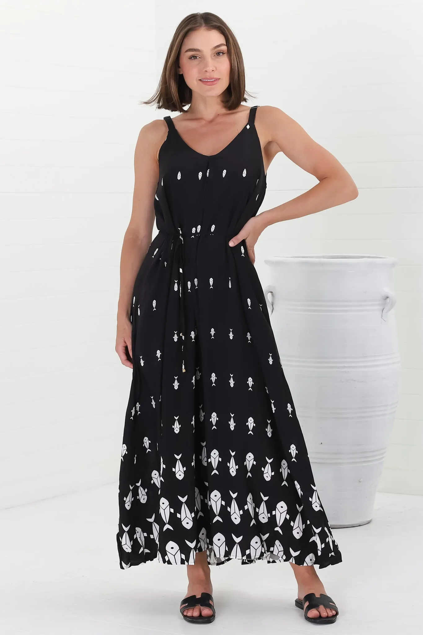 Rilley Maxi Dress - V Neck Adjustable Strap Dress with Matching Belt in Ariel Print Black sold by Salty Crush