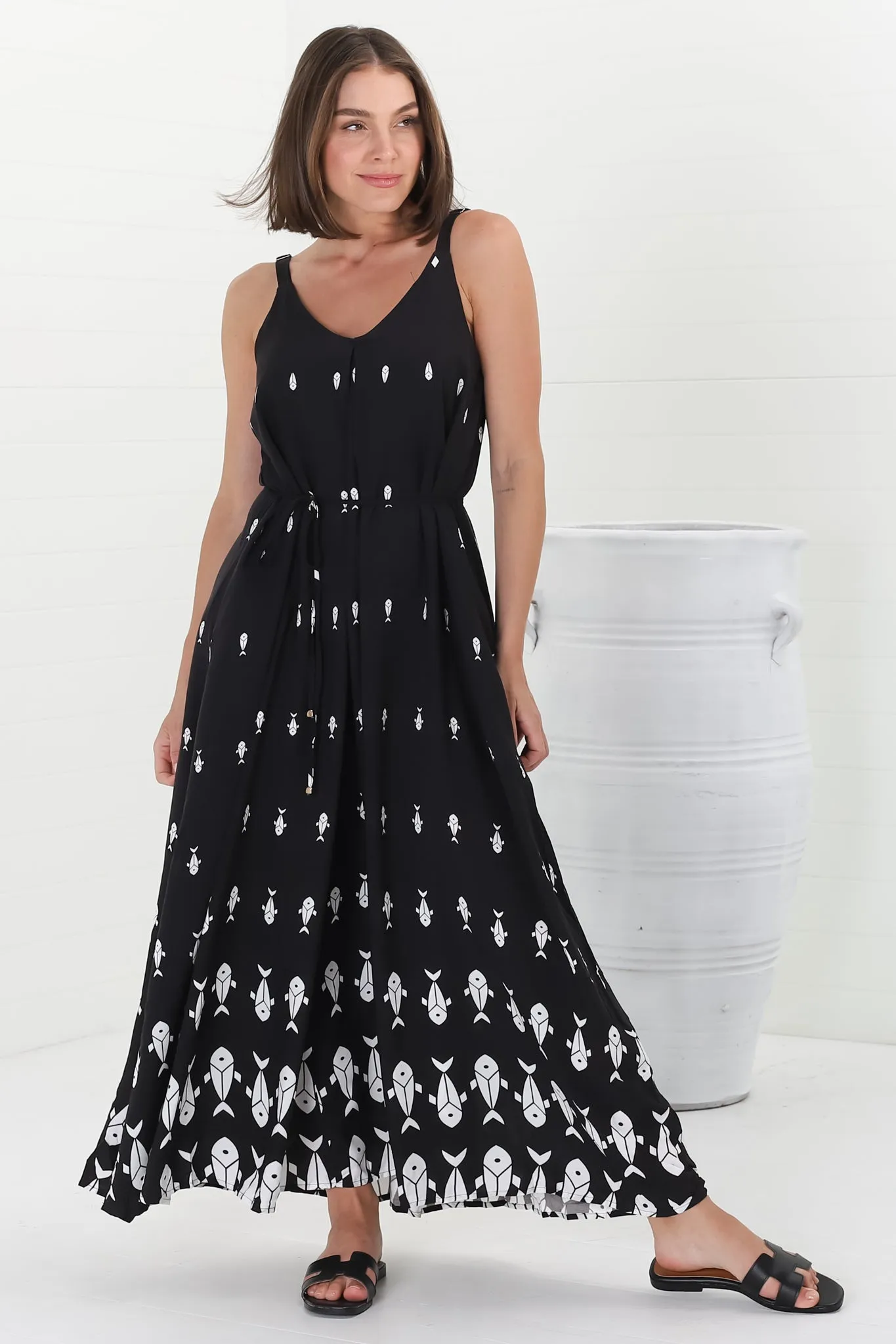 Rilley Maxi Dress - V Neck Adjustable Strap Dress with Matching Belt in Ariel Print Black sold by Salty Crush product image thumbnail 3