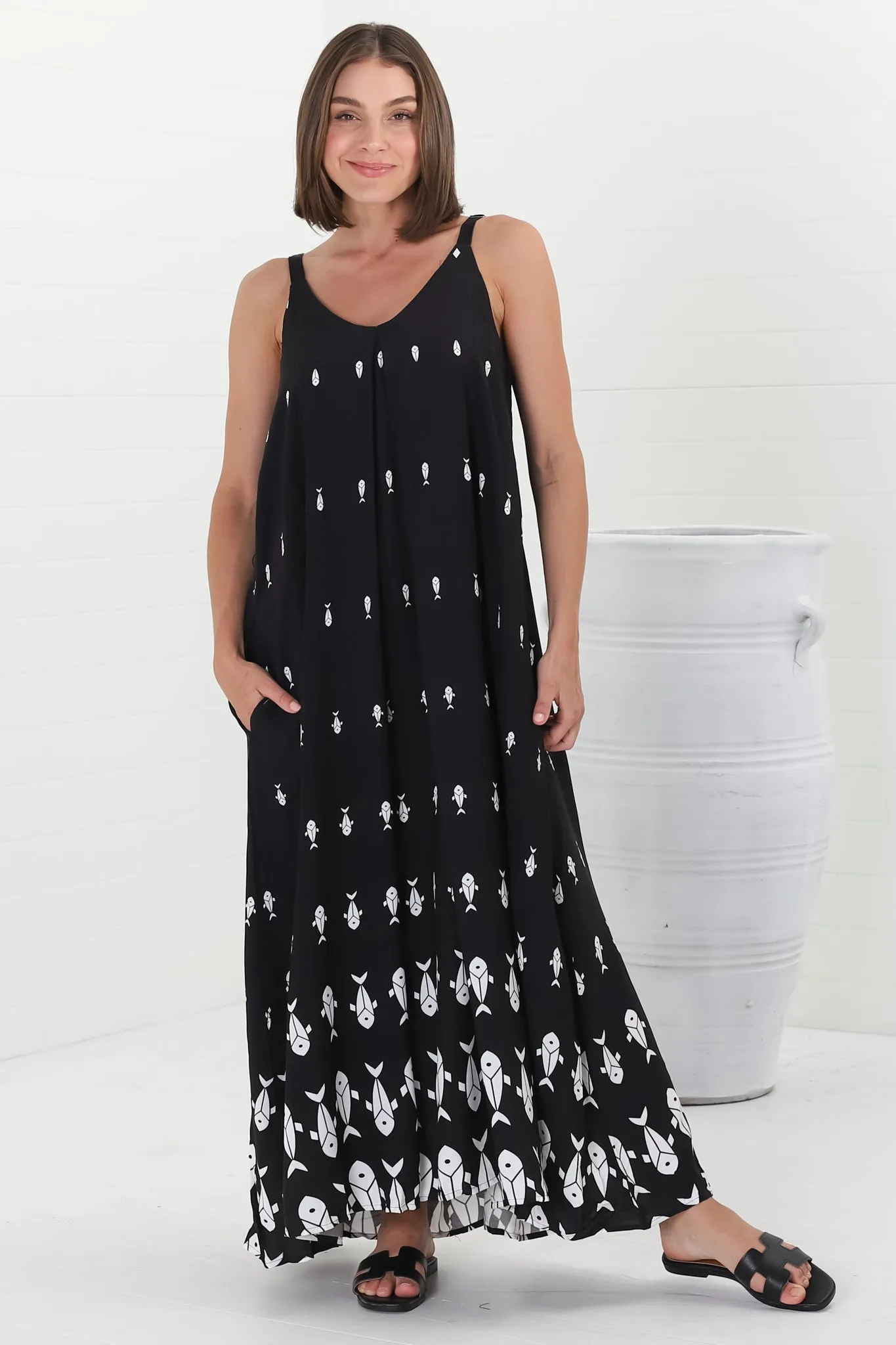 Rilley Maxi Dress - V Neck Adjustable Strap Dress with Matching Belt in Ariel Print Black sold by Salty Crush product image thumbnail 5