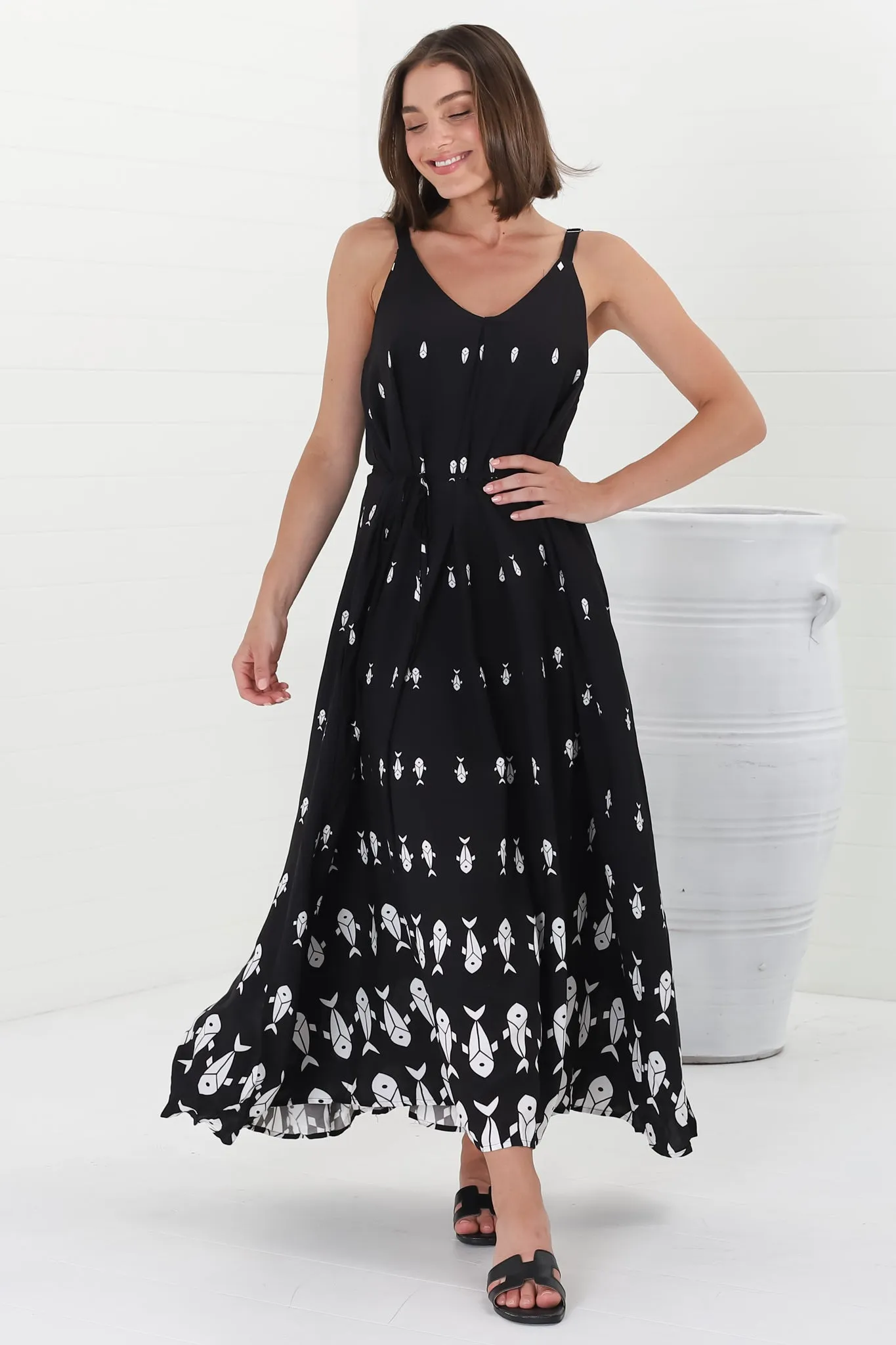 Rilley Maxi Dress - V Neck Adjustable Strap Dress with Matching Belt in Ariel Print Black sold by Salty Crush product image thumbnail 4