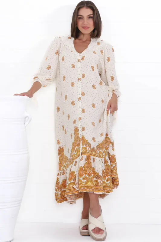 Rosalie Maxi Dress - Mandarin Collar Button Down Dress in Sundown Print sold by Salty Crush