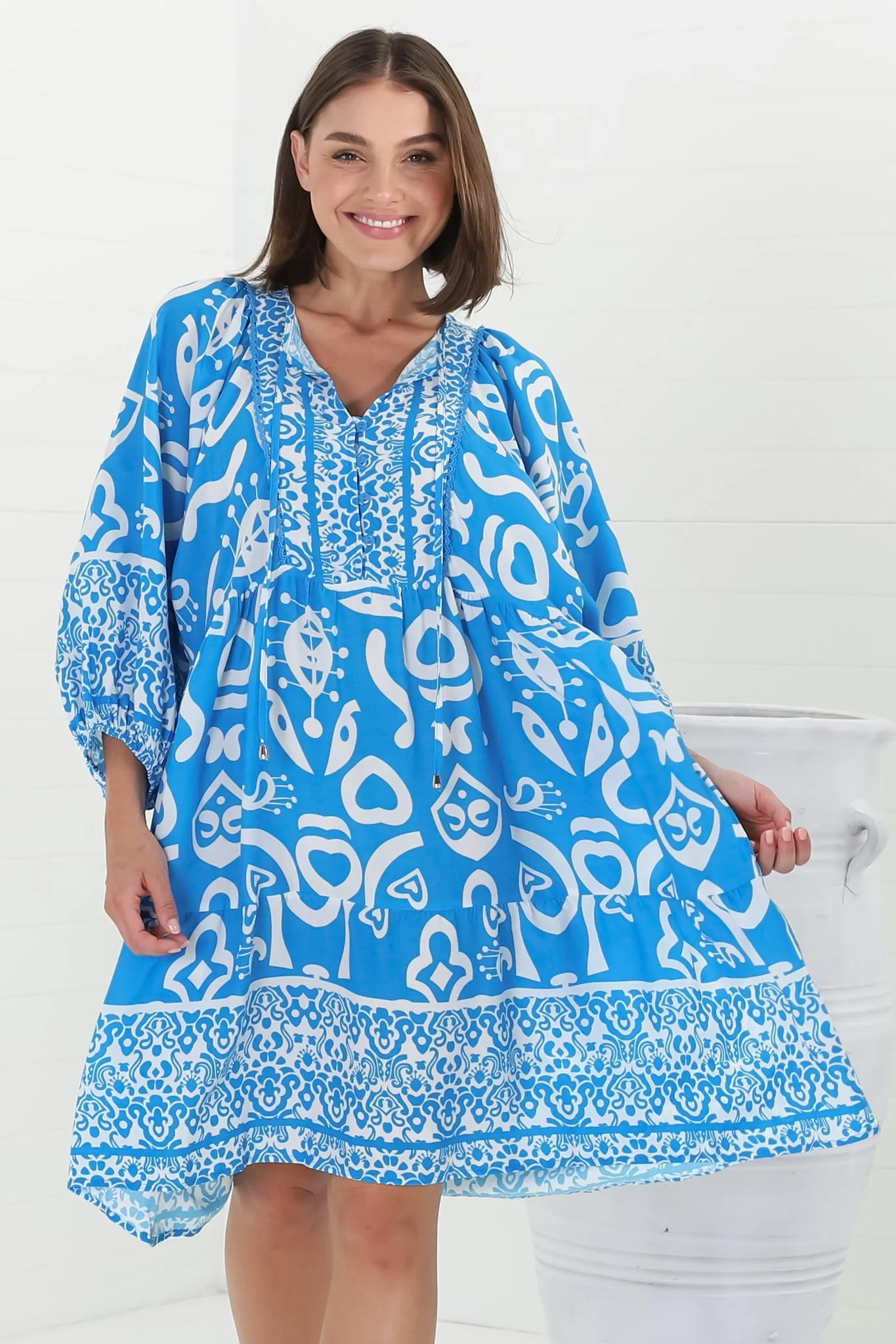 Juddy Mini Dress - Batwing Sleeve Smock Dress with Lace Detailing in Khavi Print Blue sold by Salty Crush product image thumbnail 2