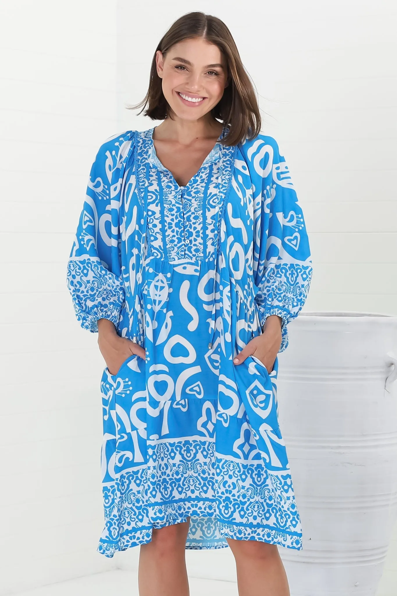 Juddy Mini Dress - Batwing Sleeve Smock Dress with Lace Detailing in Khavi Print Blue sold by Salty Crush product image thumbnail 5
