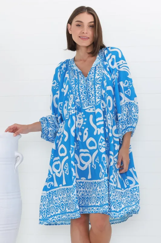 Juddy Mini Dress - Batwing Sleeve Smock Dress with Lace Detailing in Khavi Print Blue sold by Salty Crush