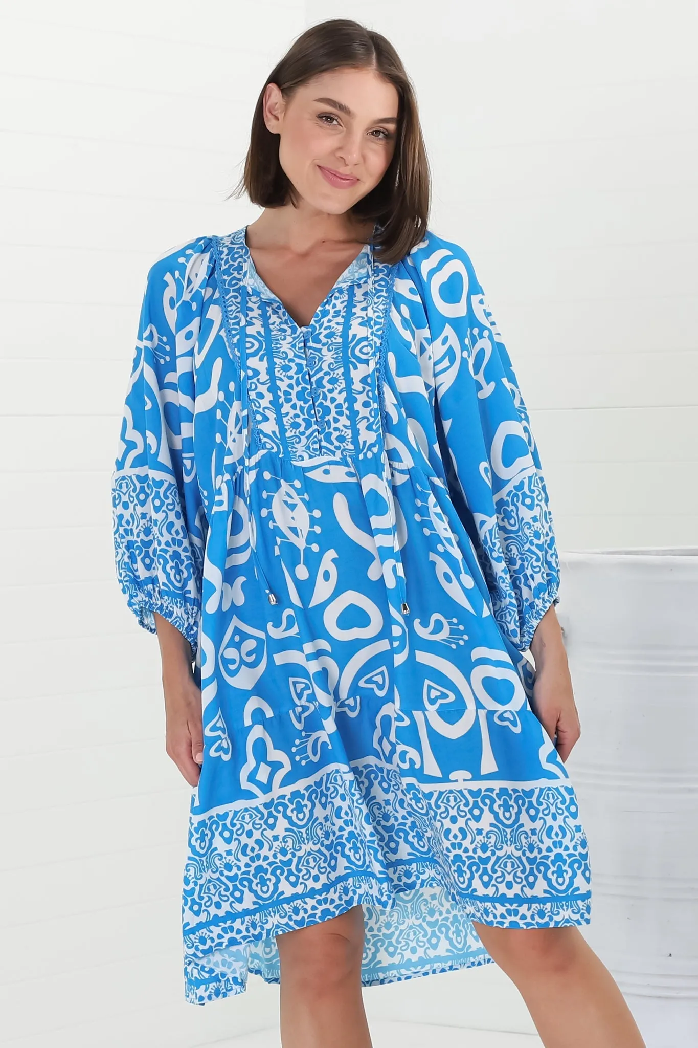 Juddy Mini Dress - Batwing Sleeve Smock Dress with Lace Detailing in Khavi Print Blue sold by Salty Crush product image thumbnail 4