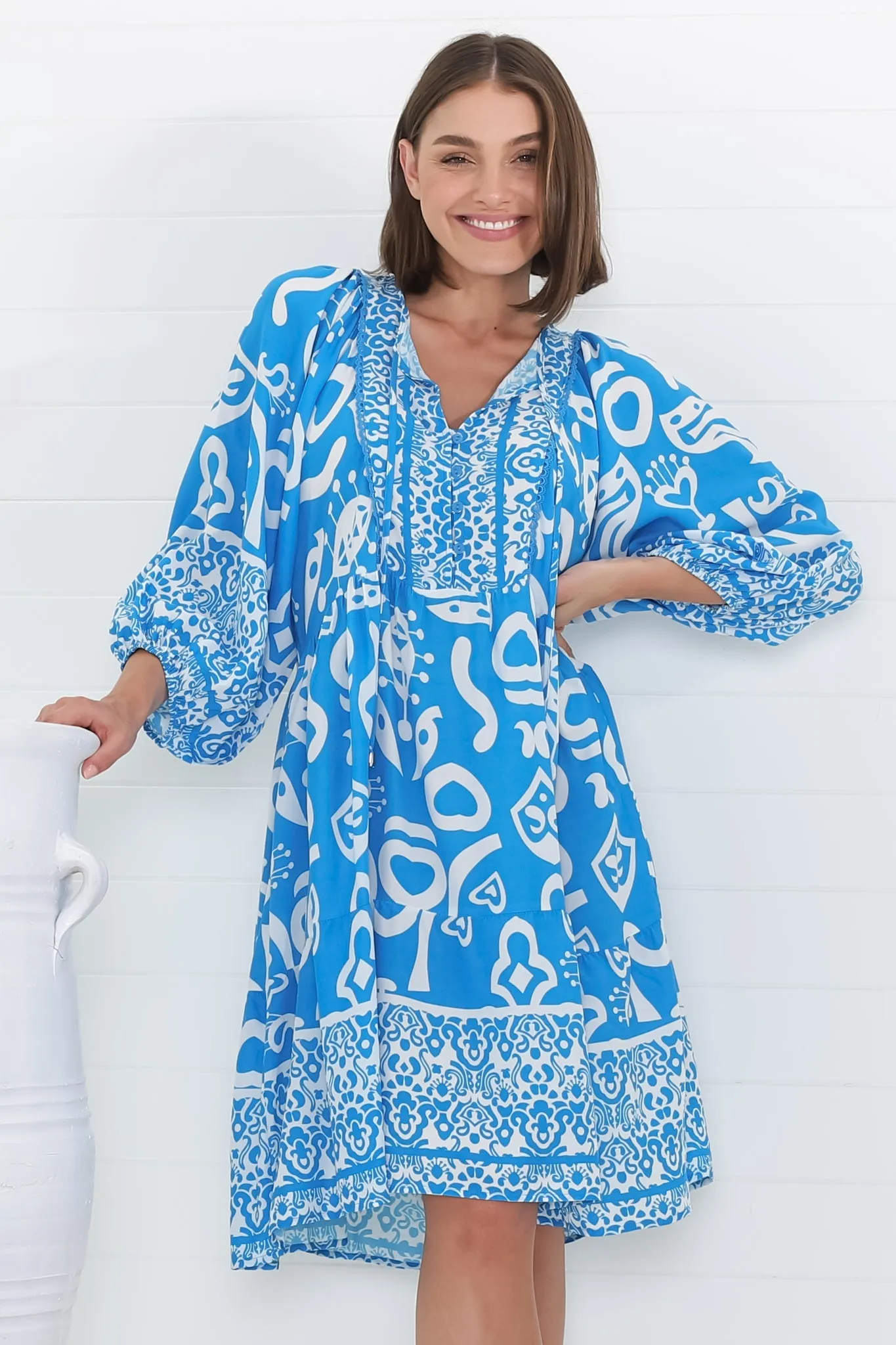 Juddy Mini Dress - Batwing Sleeve Smock Dress with Lace Detailing in Khavi Print Blue sold by Salty Crush product image thumbnail 3
