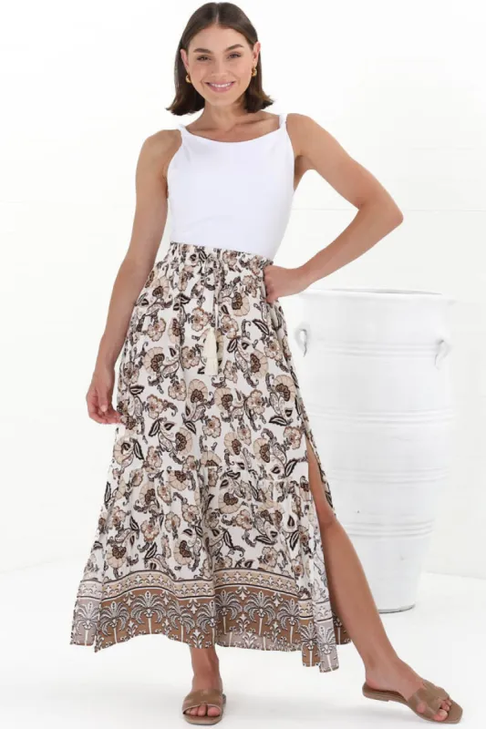 Hellen Maxi Skirt - High Waisted Skirt with Front Splits in Djonga Print Beige sold by Salty Crush