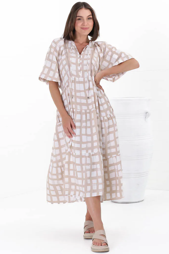Kamali Midi Dress - Batwing Sleeve Smock Dress with Lace Detailing in Beth Print Beige sold by Salty Crush product image thumbnail 3