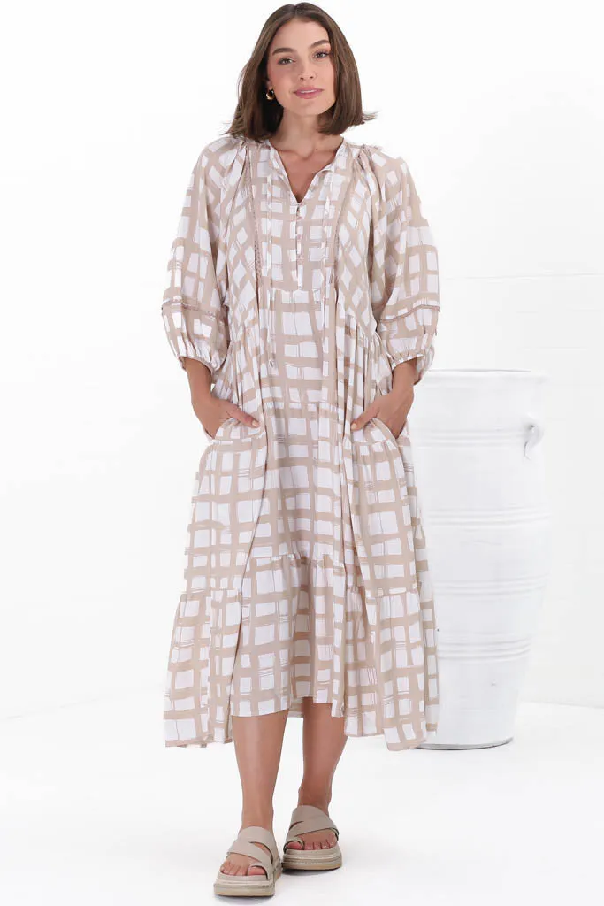 Kamali Midi Dress - Batwing Sleeve Smock Dress with Lace Detailing in Beth Print Beige sold by Salty Crush product image thumbnail 5