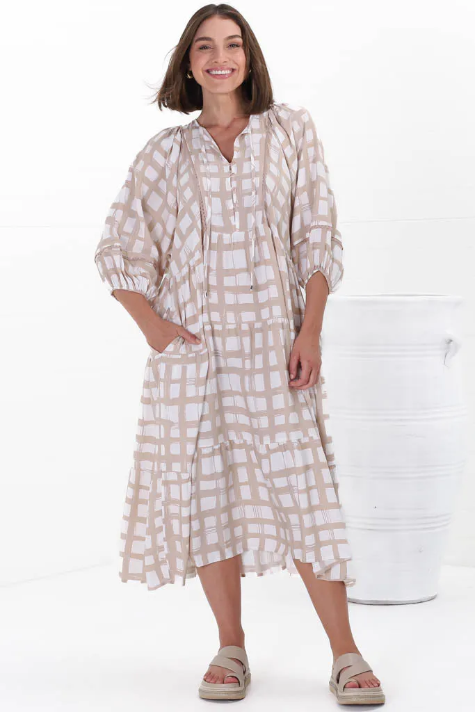 Kamali Midi Dress - Batwing Sleeve Smock Dress with Lace Detailing in Beth Print Beige sold by Salty Crush