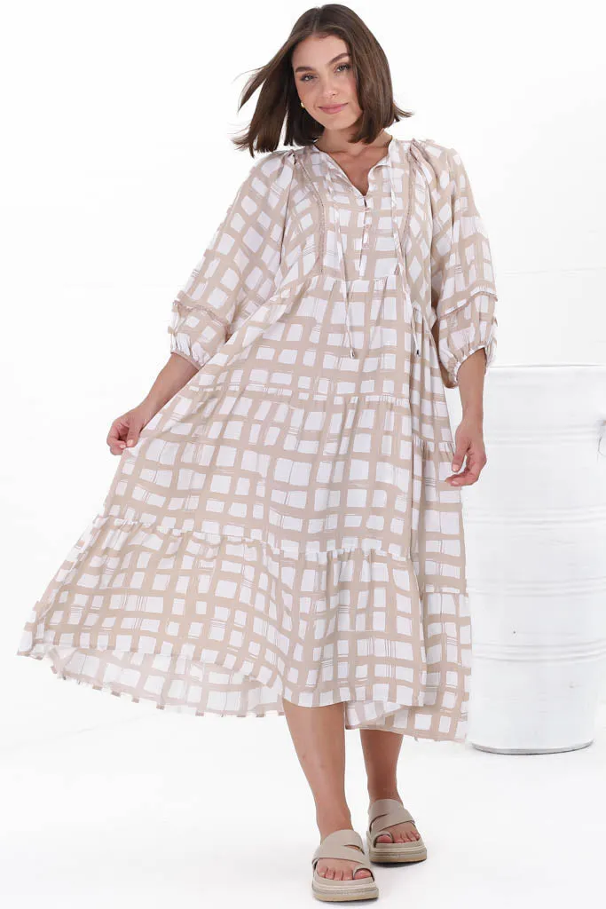 Kamali Midi Dress - Batwing Sleeve Smock Dress with Lace Detailing in Beth Print Beige sold by Salty Crush product image thumbnail 2