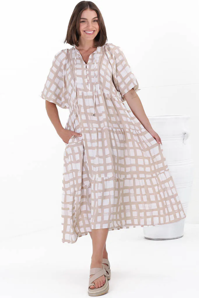 Kamali Midi Dress - Batwing Sleeve Smock Dress with Lace Detailing in Beth Print Beige sold by Salty Crush product image thumbnail 4