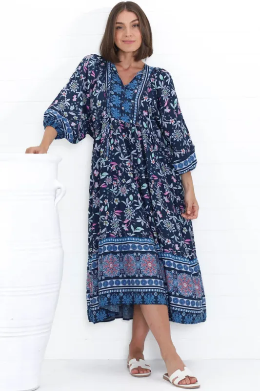Kamali Midi Dress - Batwing Sleeve Smock Dress with Lace Detailing in Thanya Print Blue sold by Salty Crush