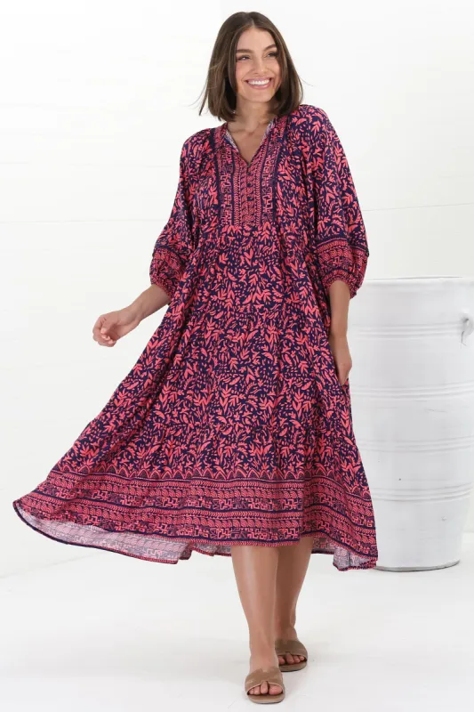 Kamali Midi Dress - Batwing Sleeve Smock Dress with Lace Detailing in Tayler Print Pink sold by Salty Crush