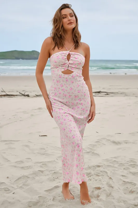 JAASE - Junni Maxi Dress: Adjustable Bust and Neckline Cut Out Detail Slimline Dress in Amora Print sold by Salty Crush