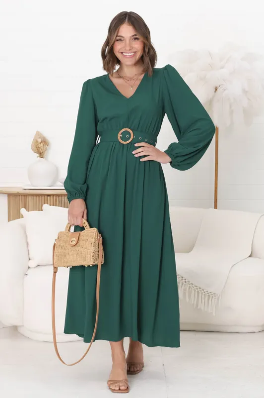 Lyna Midi Dress - A-Line Dress with Statement Rattan Buckle Belt in Emerald sold by Salty Crush