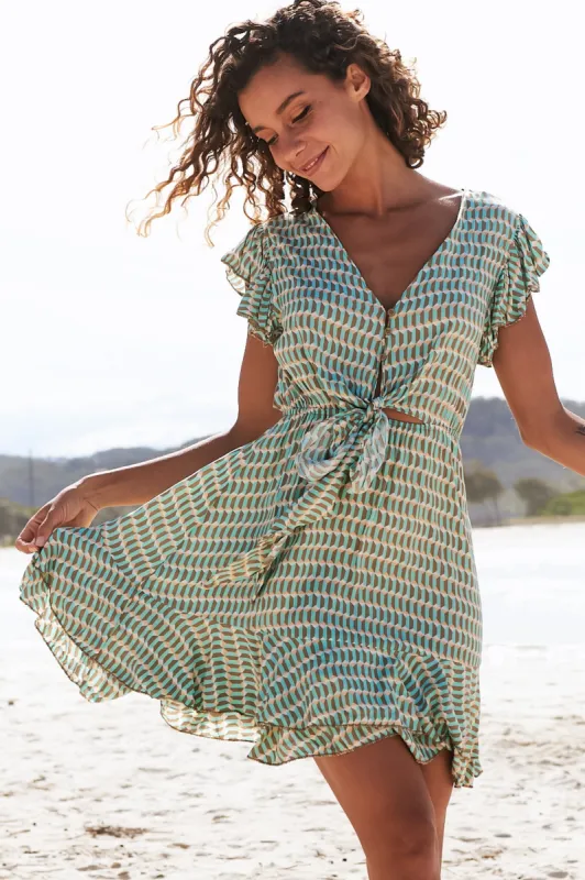 Kira Mini Dress - Frill Cap Sleeve Bow Detail Mini Dress in Addi Print sold by Salty Crush