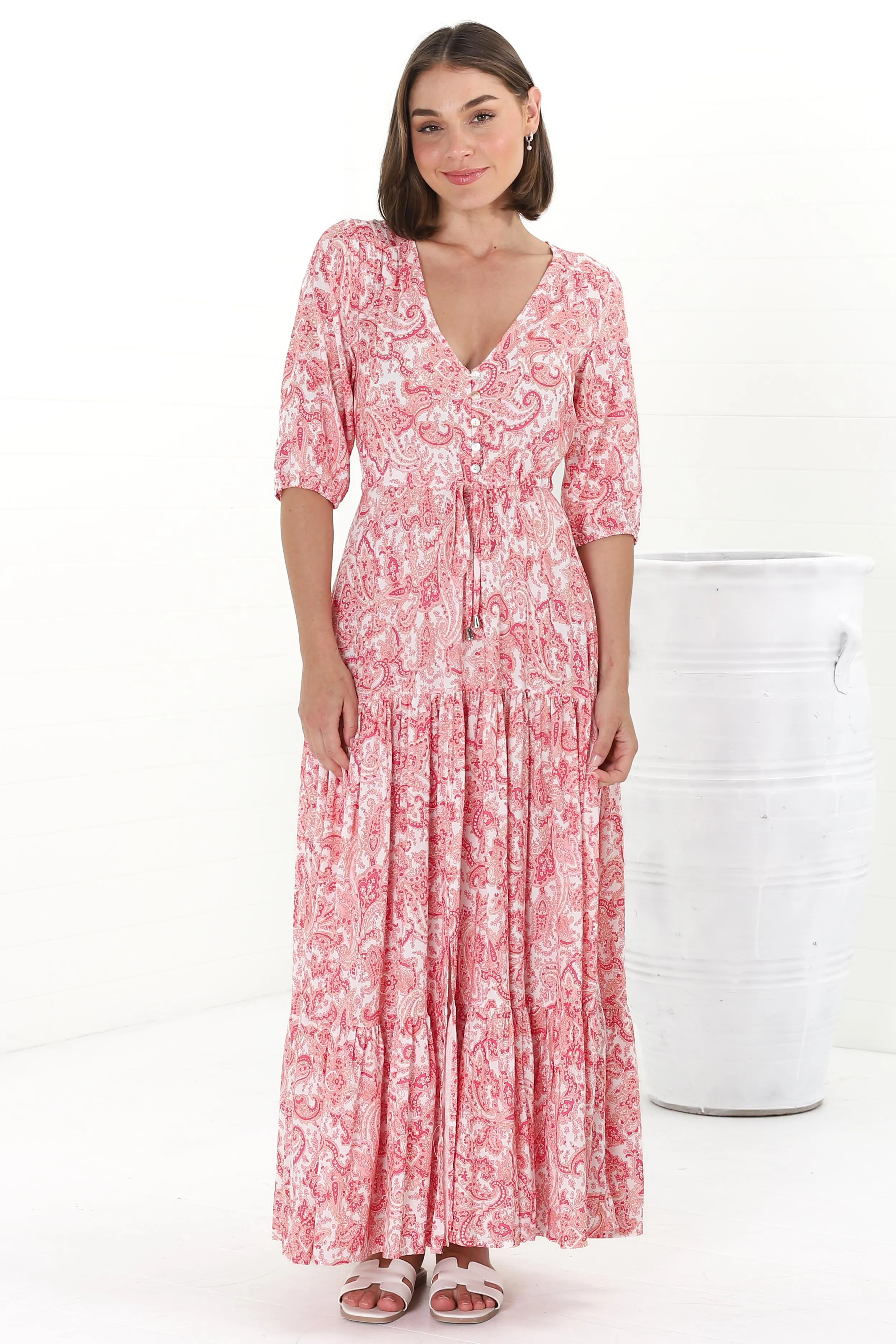 Rachel Maxi Dress - V-Neck 3/4 Sleeve Pull Tie Waist Tiered Dress in Henrietta Print Pink sold by Salty Crush product image thumbnail 3