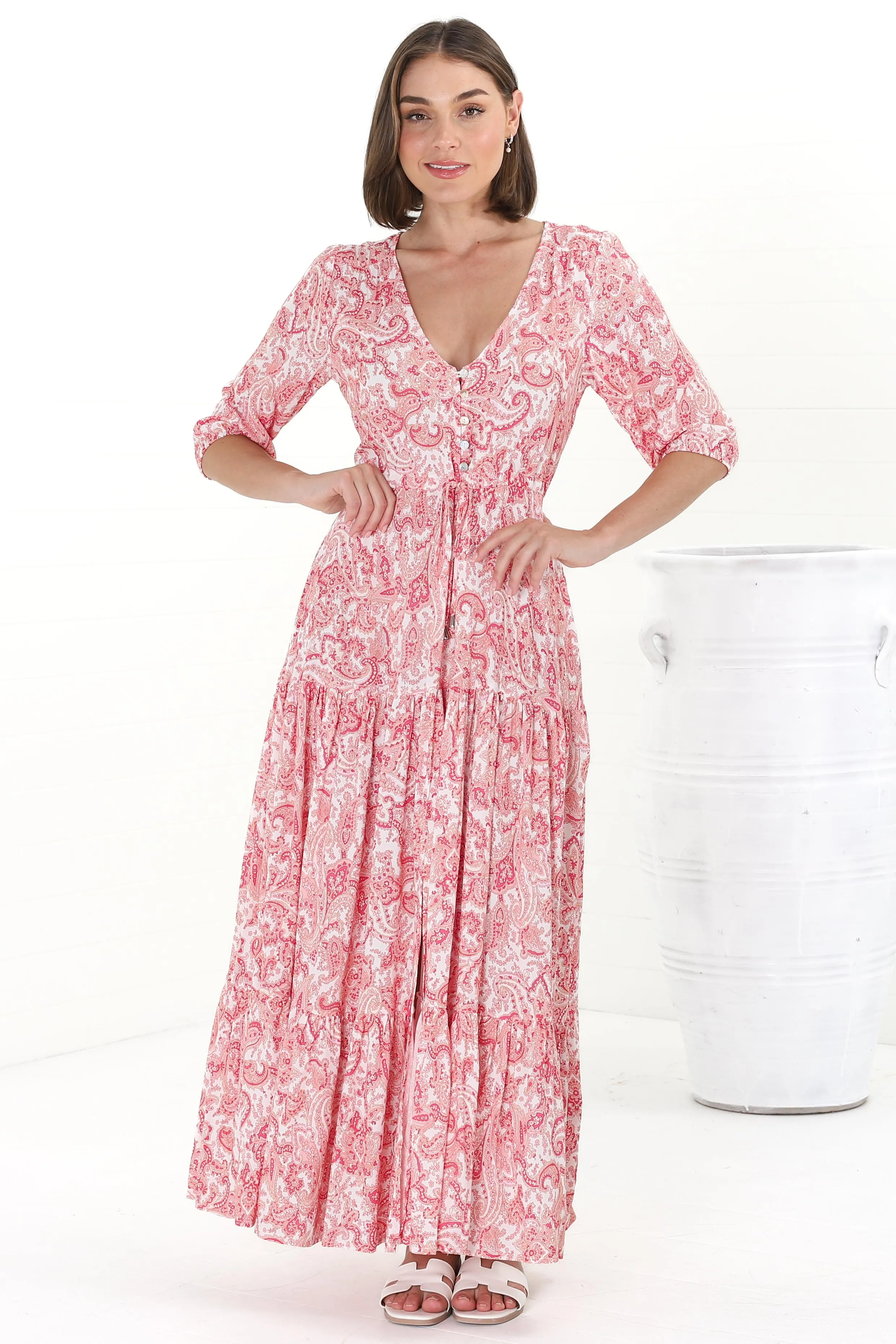 Rachel Maxi Dress - V-Neck 3/4 Sleeve Pull Tie Waist Tiered Dress in Henrietta Print Pink sold by Salty Crush product image thumbnail 2
