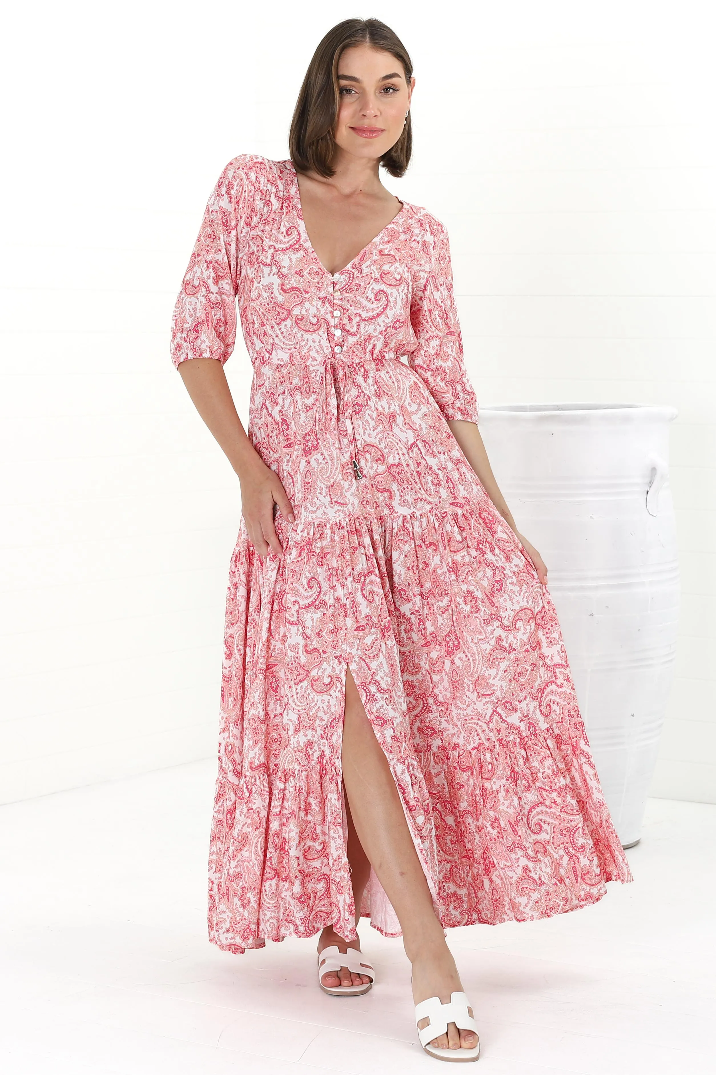 Rachel Maxi Dress - V-Neck 3/4 Sleeve Pull Tie Waist Tiered Dress in Henrietta Print Pink sold by Salty Crush