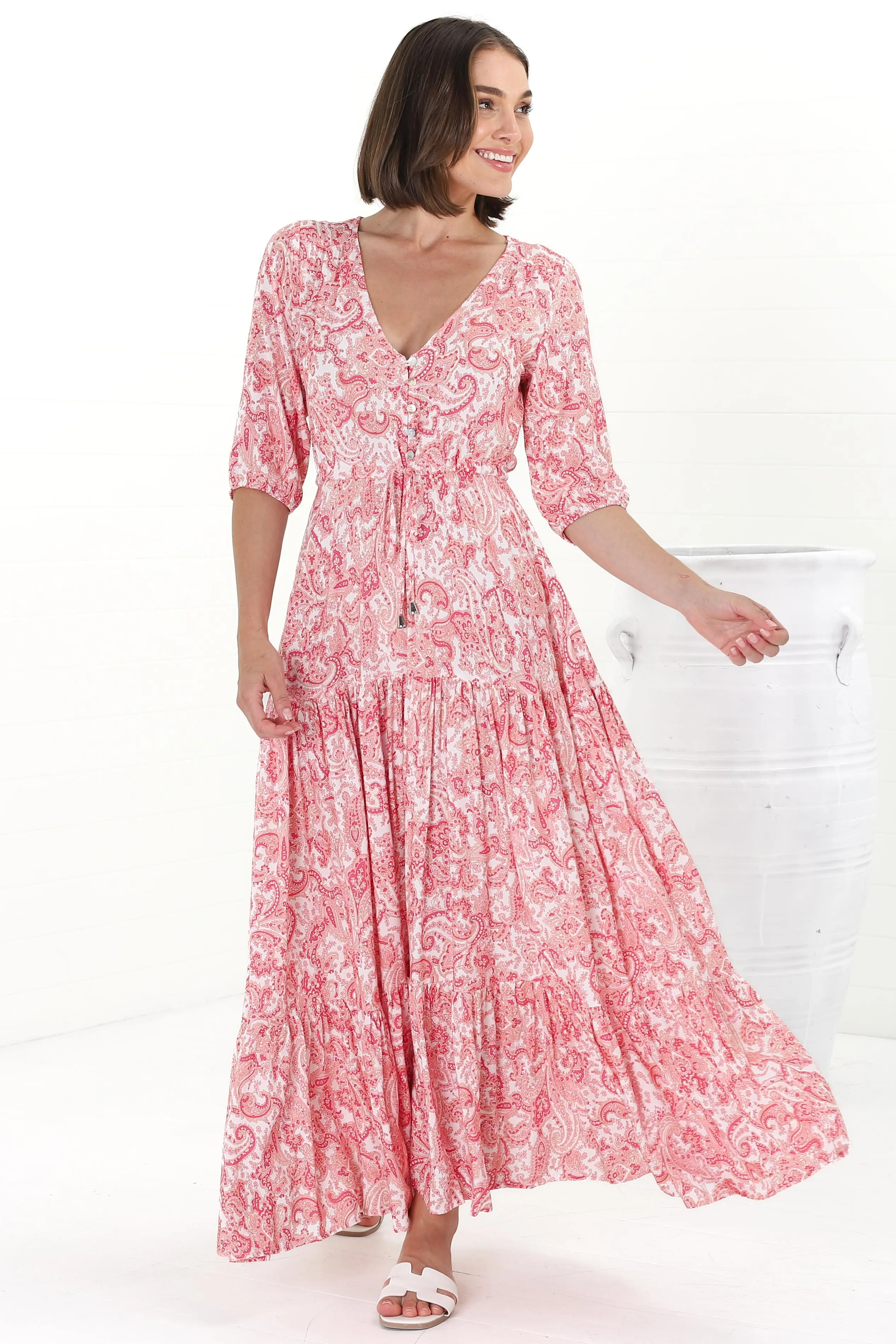 Rachel Maxi Dress - V-Neck 3/4 Sleeve Pull Tie Waist Tiered Dress in Henrietta Print Pink sold by Salty Crush product image thumbnail 5