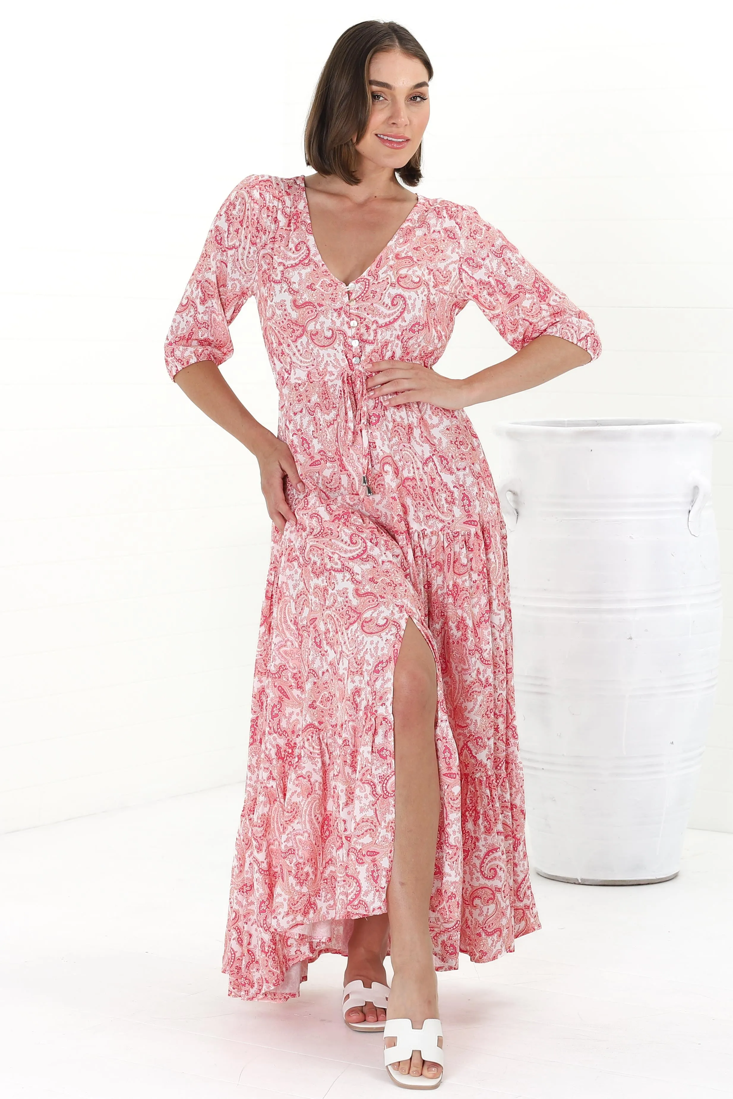 Rachel Maxi Dress - V-Neck 3/4 Sleeve Pull Tie Waist Tiered Dress in Henrietta Print Pink sold by Salty Crush product image thumbnail 4