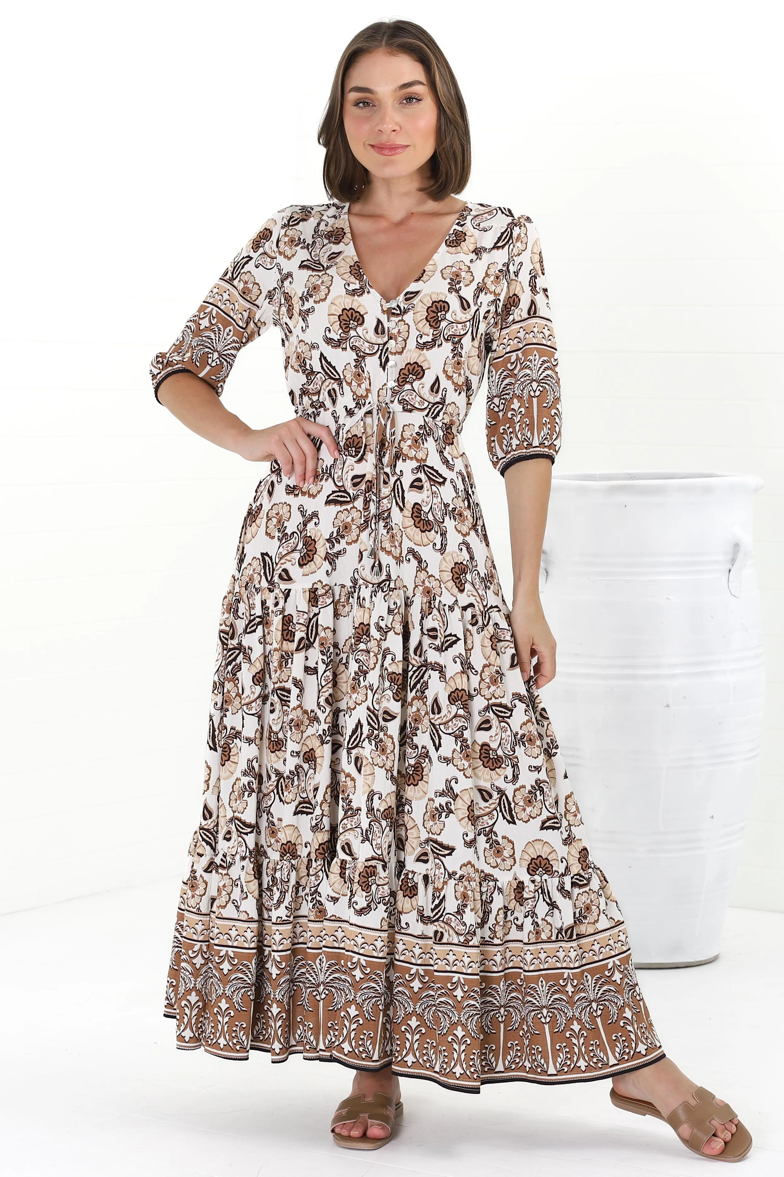 Rachel Maxi Dress - V-Neck 3/4 Sleeve Pull Tie Waist Tiered Dress in Djonga Print Beige sold by Salty Crush
