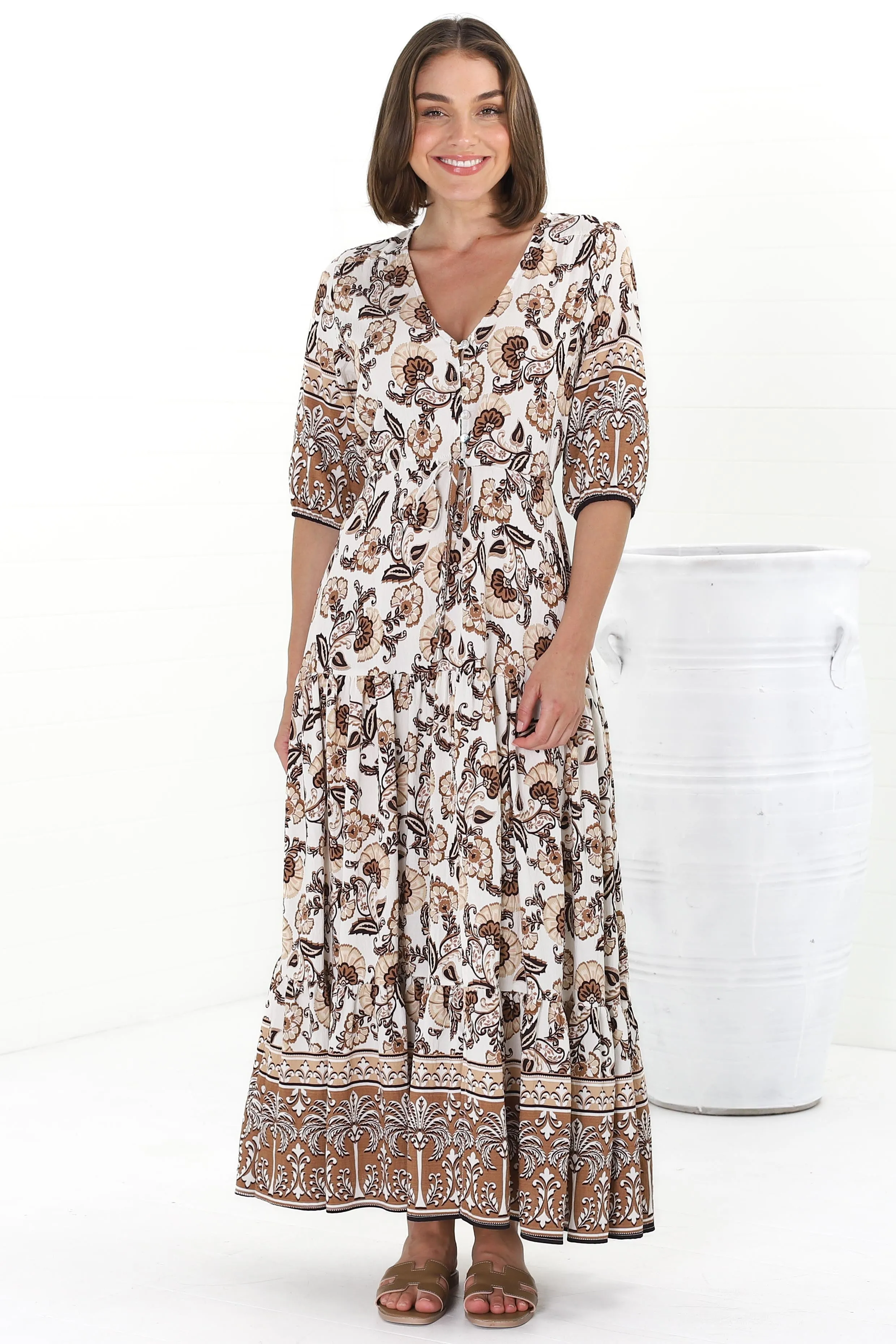 Rachel Maxi Dress - V-Neck 3/4 Sleeve Pull Tie Waist Tiered Dress in Djonga Print Beige sold by Salty Crush product image thumbnail 2