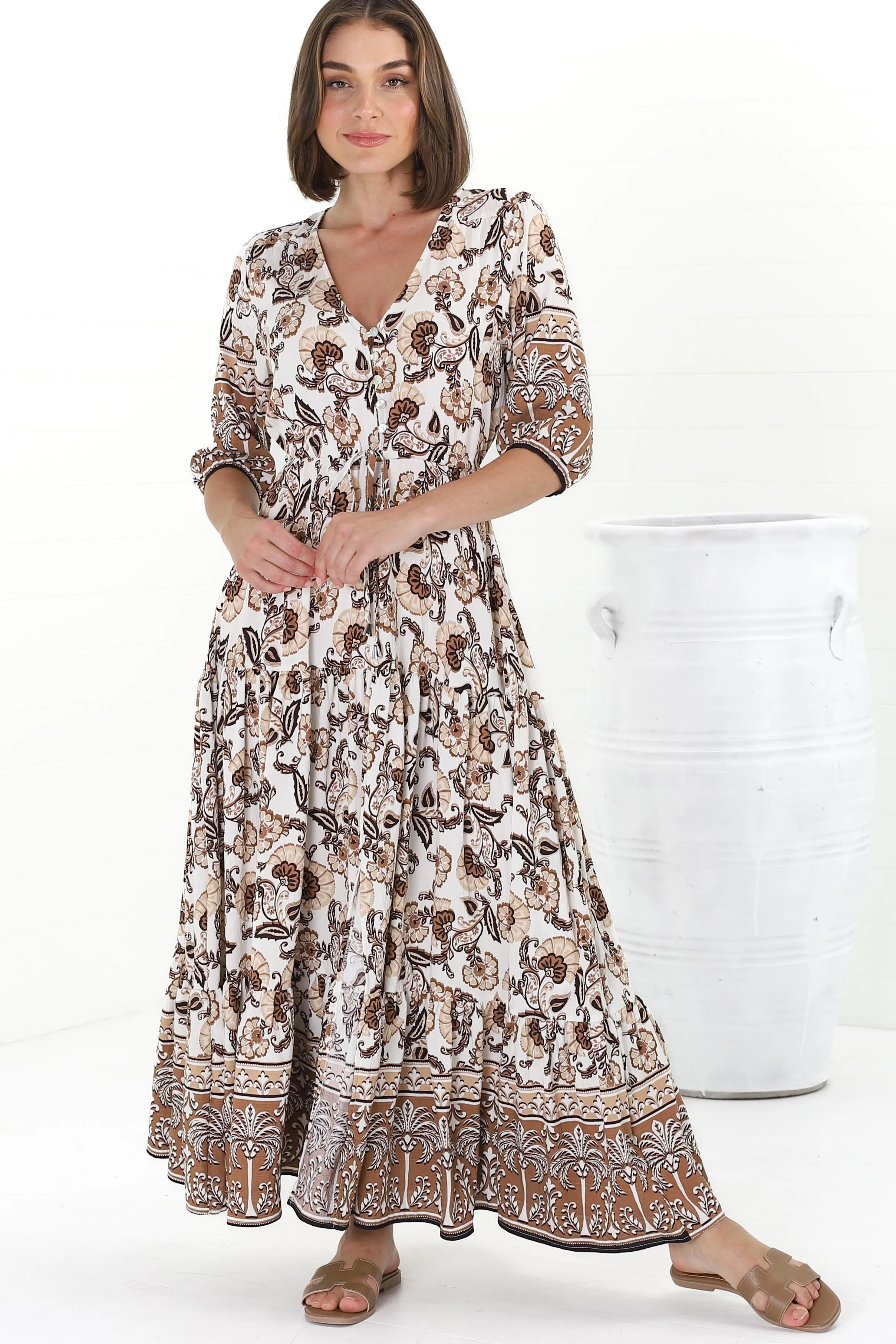 Rachel Maxi Dress - V-Neck 3/4 Sleeve Pull Tie Waist Tiered Dress in Djonga Print Beige sold by Salty Crush product image thumbnail 5