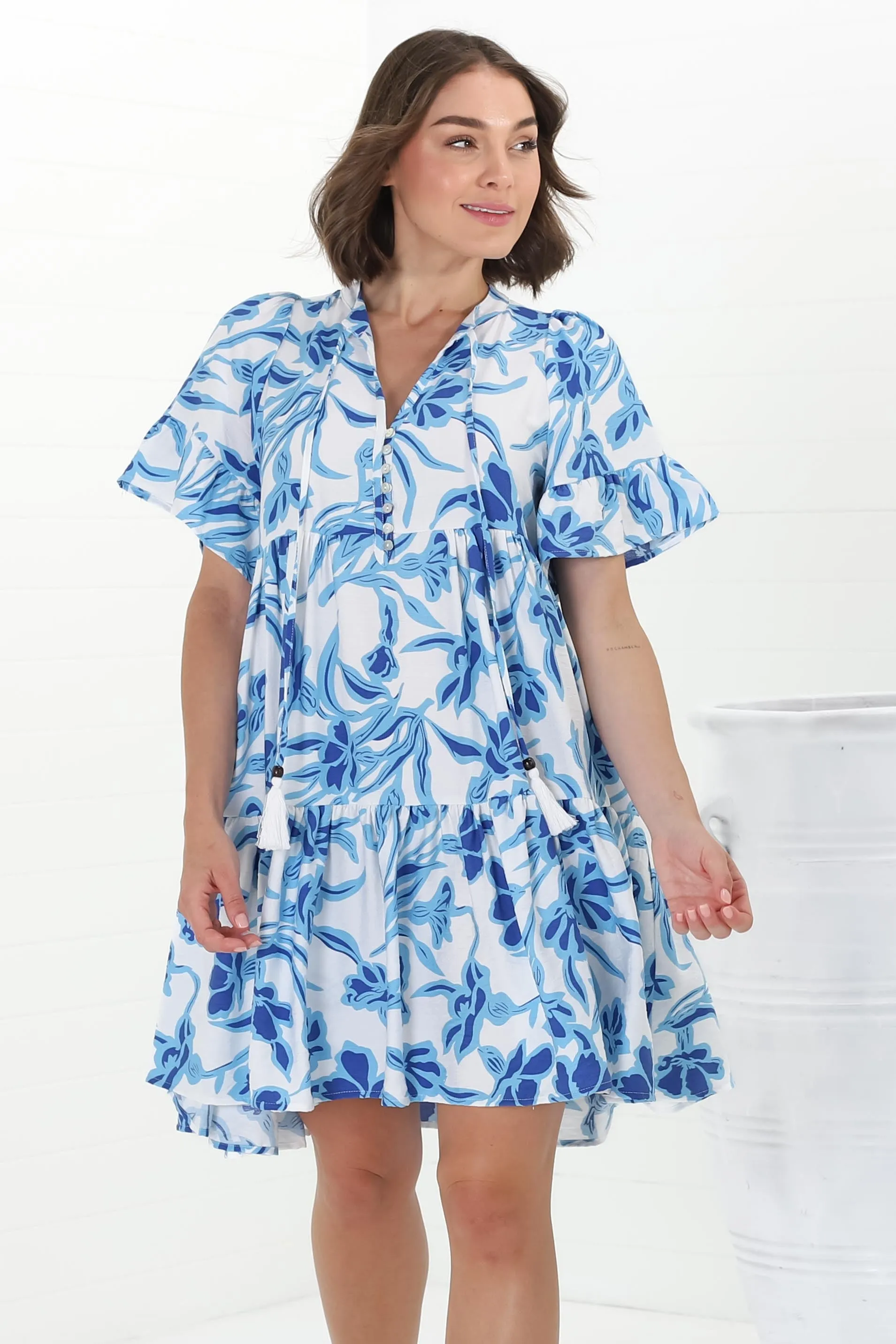 Abilia Mini Dress - Mandarin Collar Smock Dress in Braley Print Blue sold by Salty Crush product image thumbnail 5