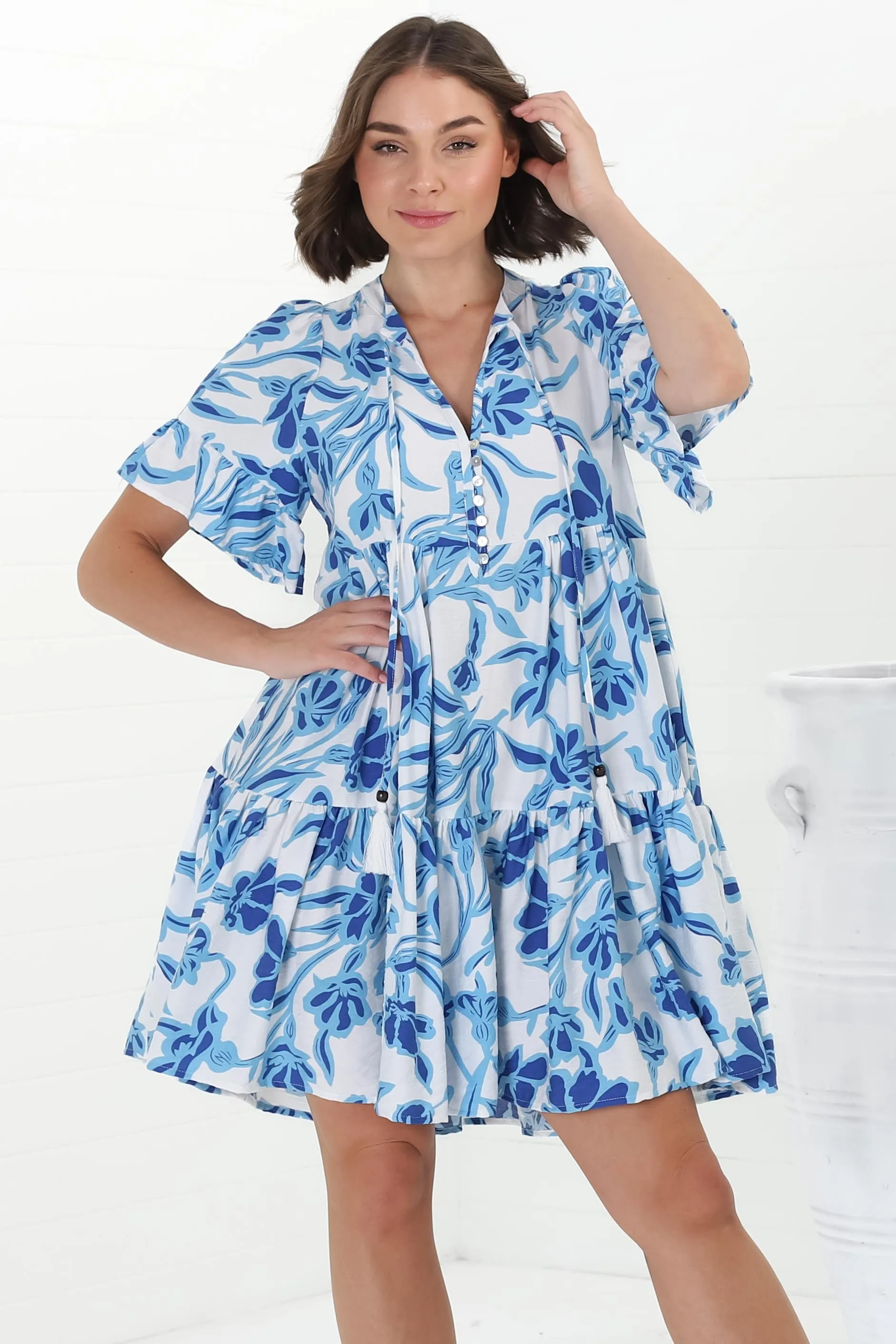 Abilia Mini Dress - Mandarin Collar Smock Dress in Braley Print Blue sold by Salty Crush product image thumbnail 3