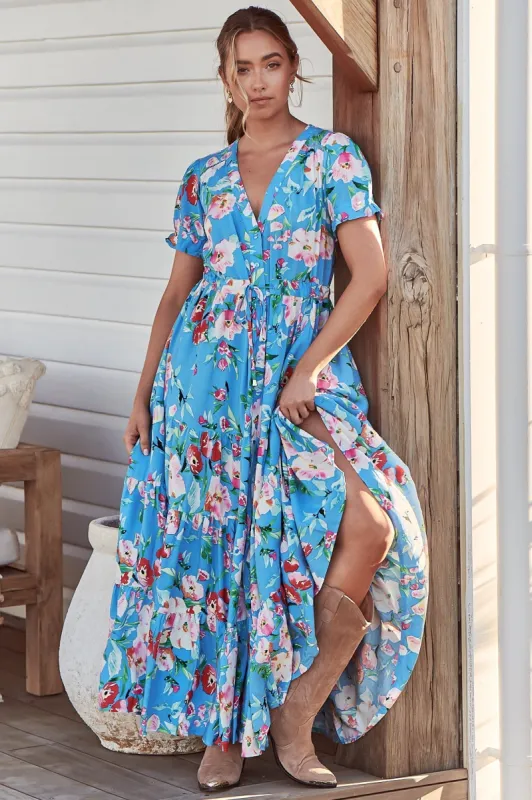 June Maxi Dress - Pull Tie Waist Button Down Dress in Imagination Print sold by Salty Crush