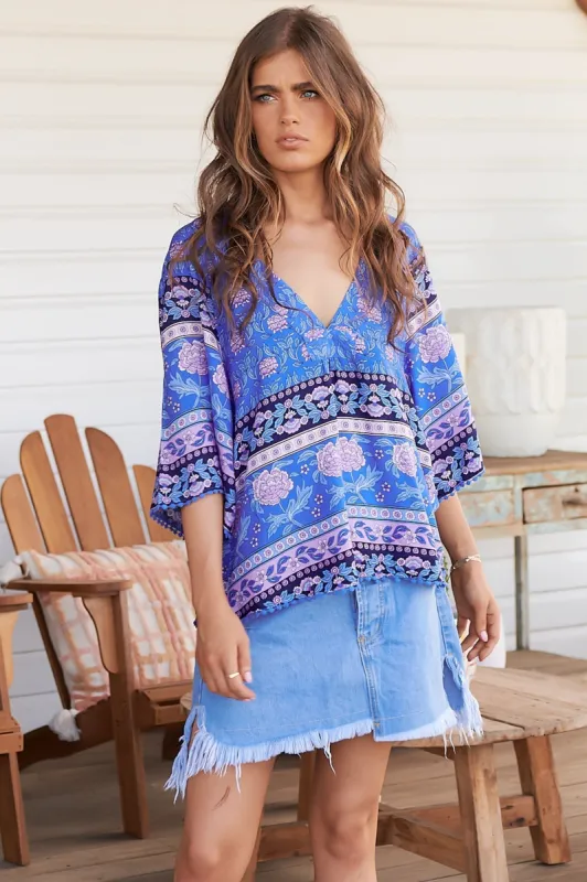Gabriella Top - Mandarin Collar Deep V Neck Crochet Trim Top in Bluey Print sold by Salty Crush