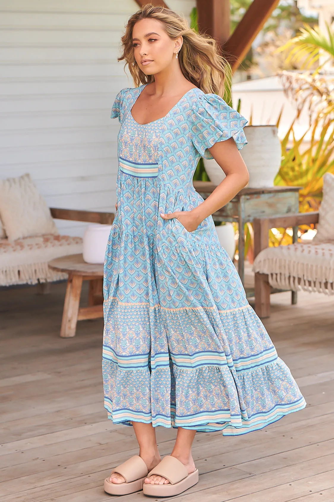 Isabella Maxi Dress - Scoop Neckline Cap Sleeve Dress in Sea Eden Print sold by Salty Crush product image thumbnail 2