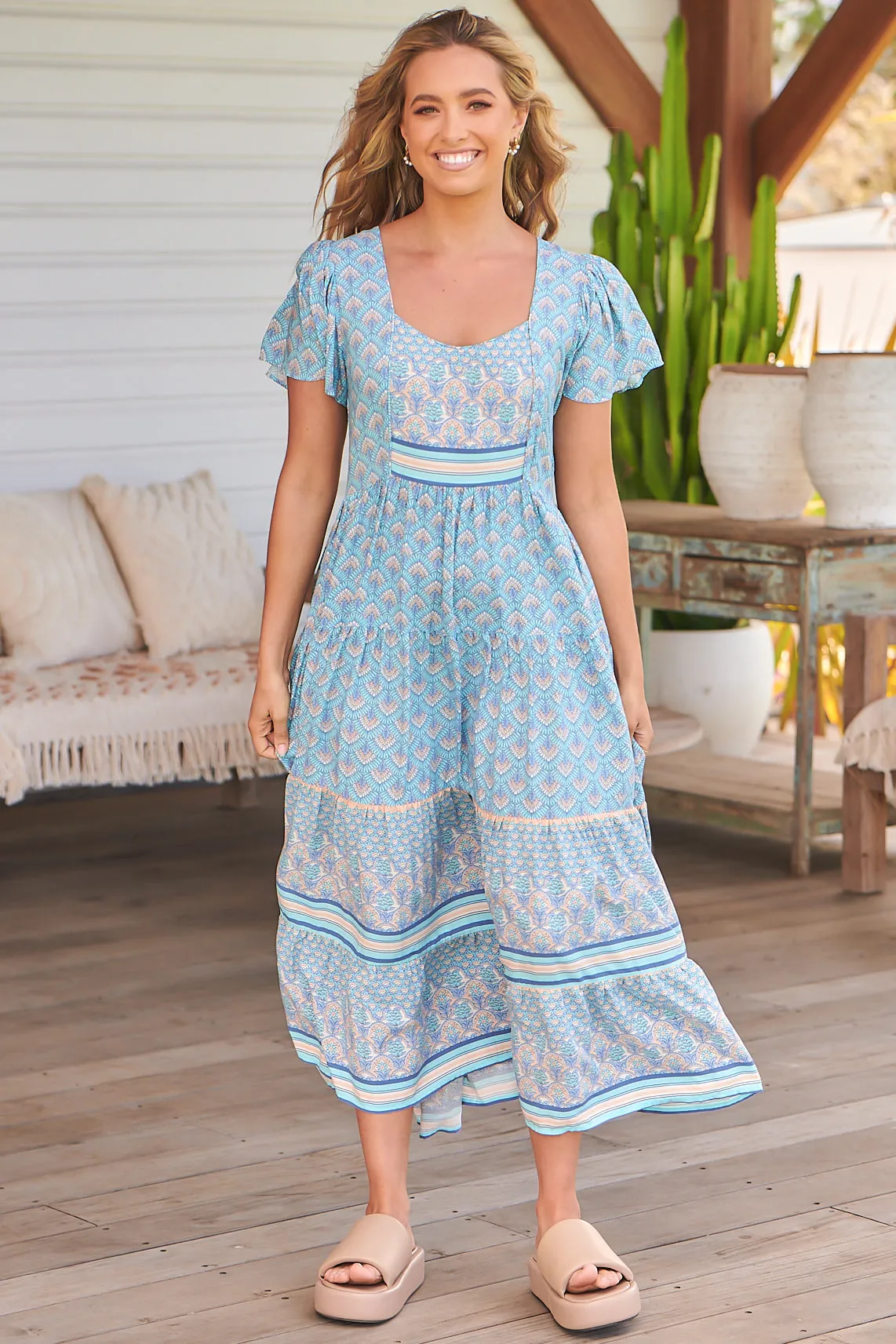 Isabella Maxi Dress - Scoop Neckline Cap Sleeve Dress in Sea Eden Print sold by Salty Crush