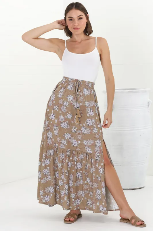 Hellen Maxi Skirt - High Waisted Skirt with Front Splits in Ishaka Print Beige sold by Salty Crush