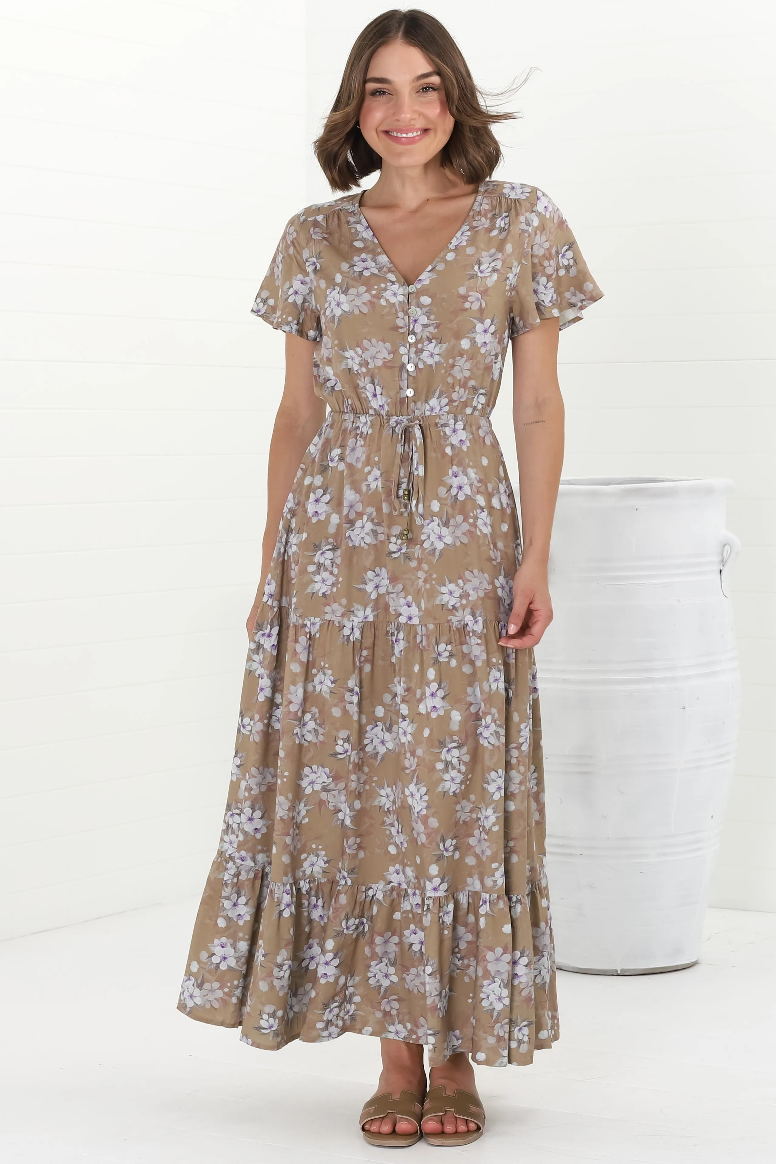 Hanna Maxi Dress - Cap Sleeve Tiered A Line Dress with Toggle Detailed Waist Tie in Ishaka Print Beige sold by Salty Crush product image thumbnail 2