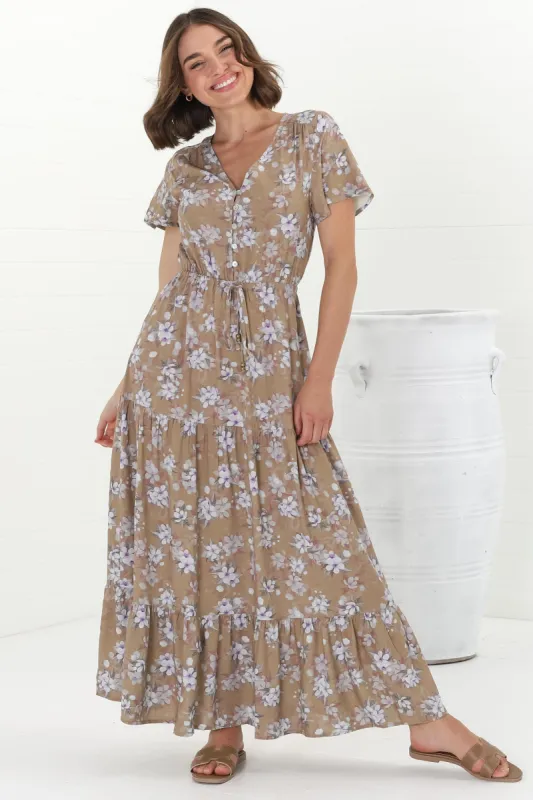 Hanna Maxi Dress - Cap Sleeve Tiered A Line Dress with Toggle Detailed Waist Tie in Ishaka Print Beige sold by Salty Crush