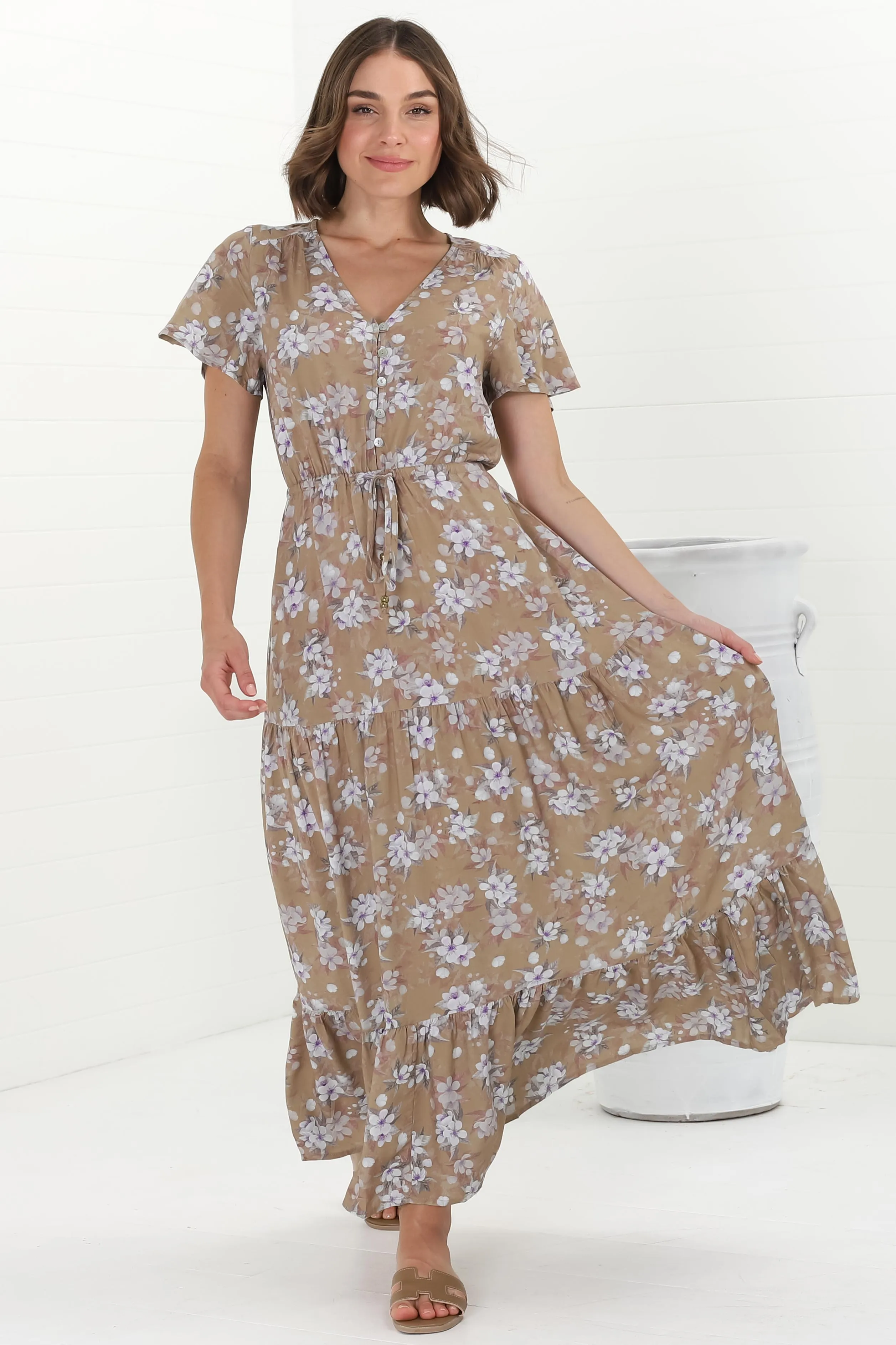 Hanna Maxi Dress - Cap Sleeve Tiered A Line Dress with Toggle Detailed Waist Tie in Ishaka Print Beige sold by Salty Crush product image thumbnail 5