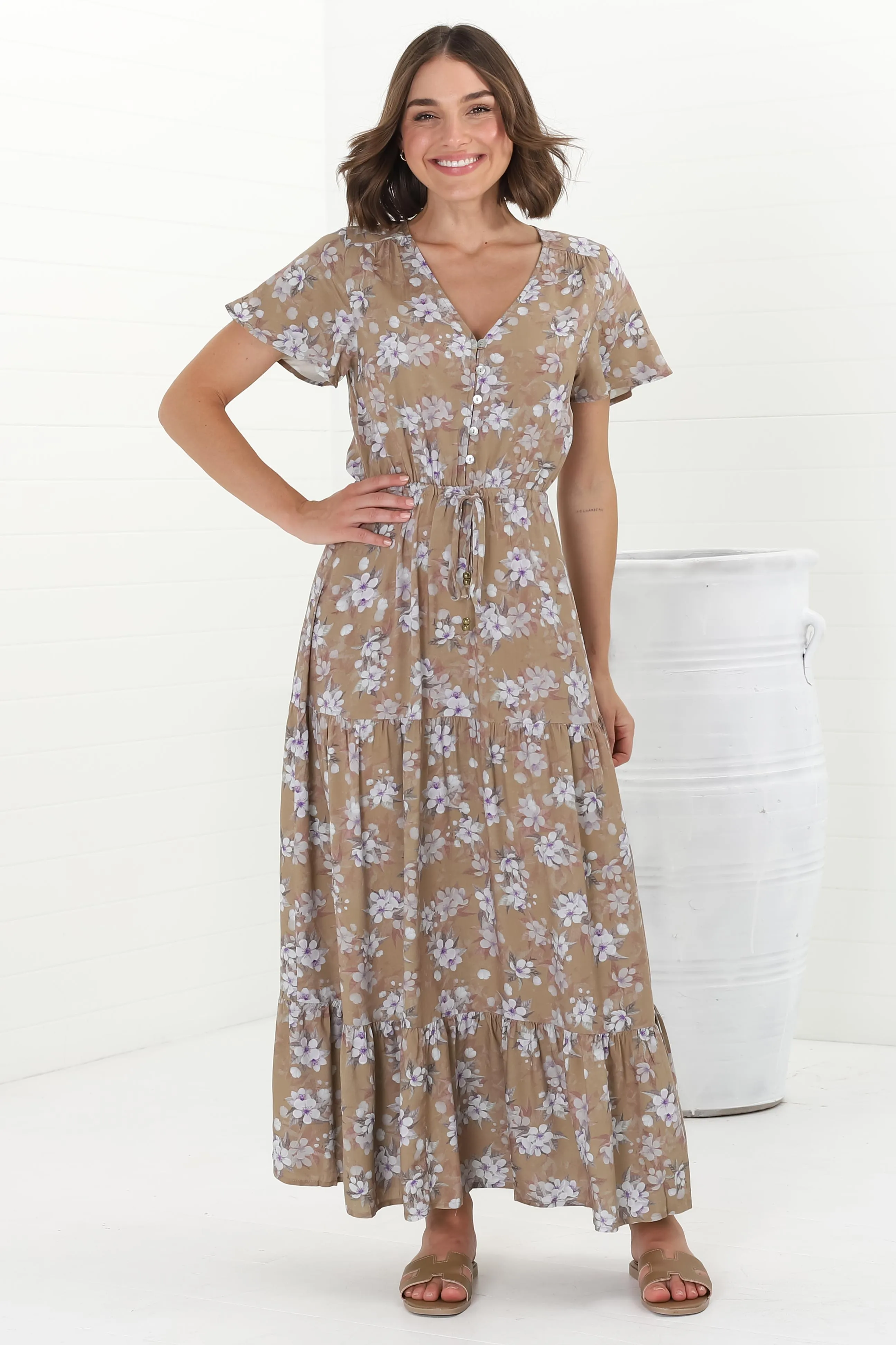 Hanna Maxi Dress - Cap Sleeve Tiered A Line Dress with Toggle Detailed Waist Tie in Ishaka Print Beige sold by Salty Crush product image thumbnail 3