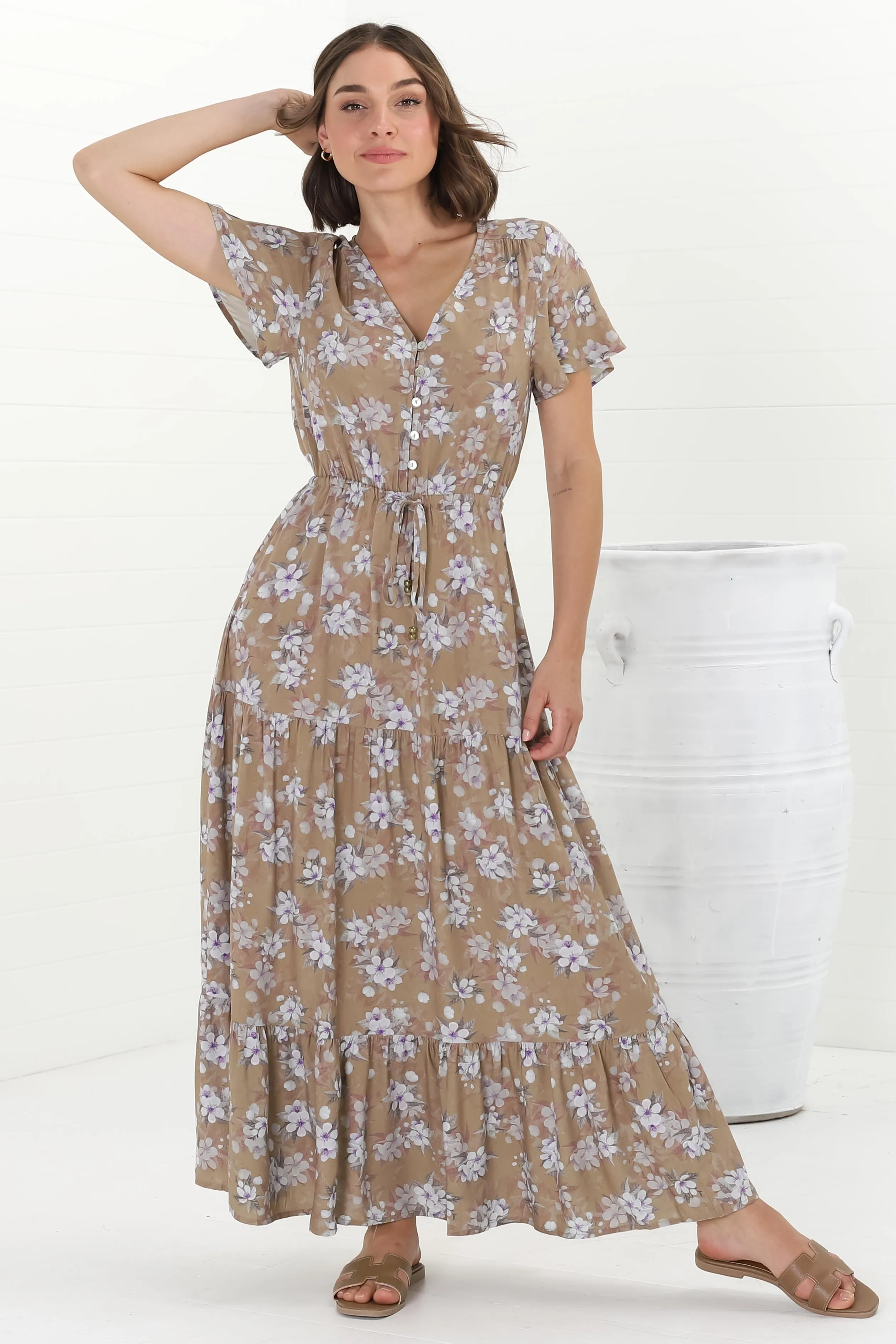 Hanna Maxi Dress - Cap Sleeve Tiered A Line Dress with Toggle Detailed Waist Tie in Ishaka Print Beige sold by Salty Crush product image thumbnail 4