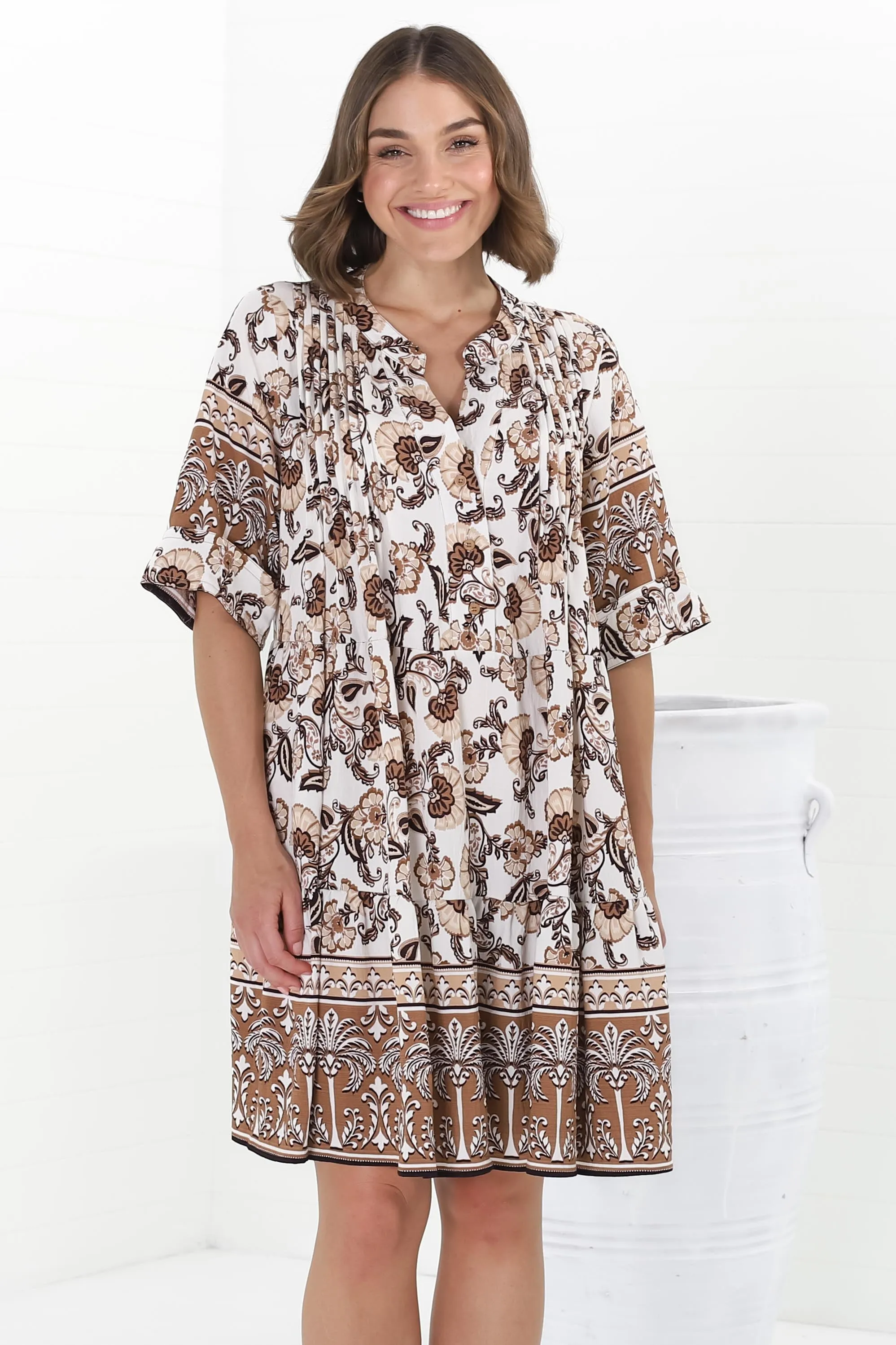 Evie Mini Dress - 3/4 Sleeve Tiered Smock Dress in Djonga Print Beige sold by Salty Crush product image thumbnail 2