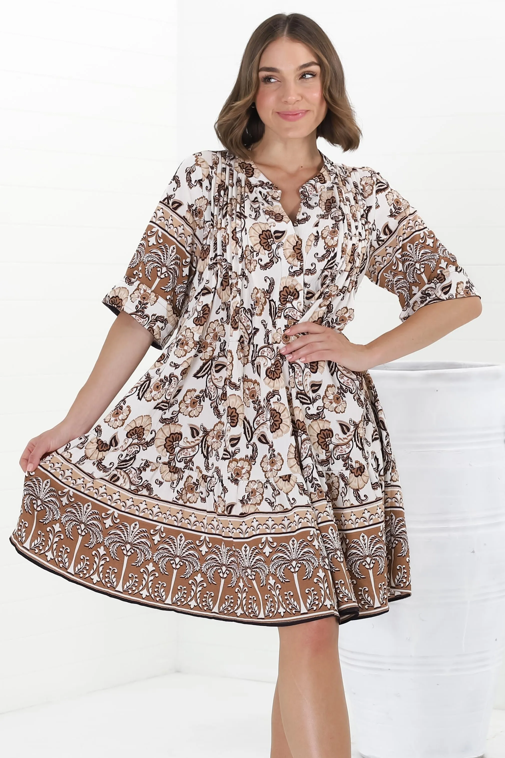 Evie Mini Dress - 3/4 Sleeve Tiered Smock Dress in Djonga Print Beige sold by Salty Crush product image thumbnail 3
