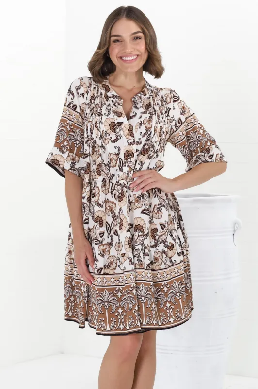 Evie Mini Dress - 3/4 Sleeve Tiered Smock Dress in Djonga Print Beige sold by Salty Crush