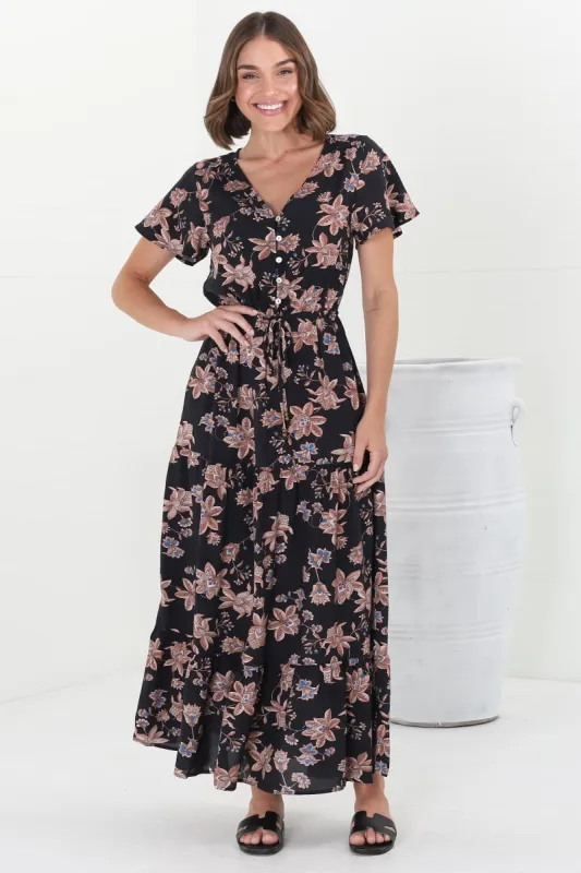 Hanna Maxi Dress - Cap Sleeve Tiered A Line Dress with Toggle Detailed Waist Tie in Halara Print Black sold by Salty Crush