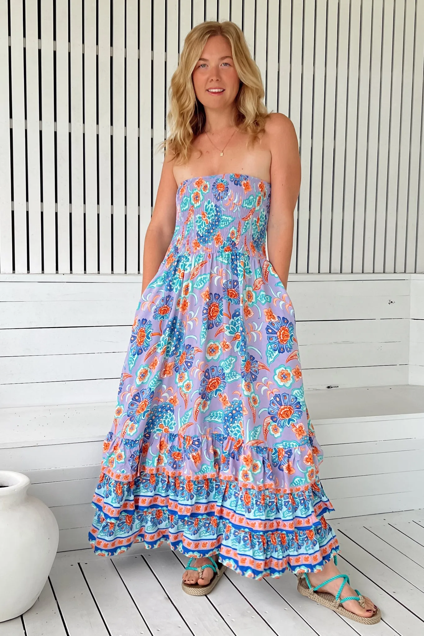 JAASE - Samba Maxi Dress: Elasticated Strapless Dress with Tiered Hem in Daydreamer Print sold by Salty Crush