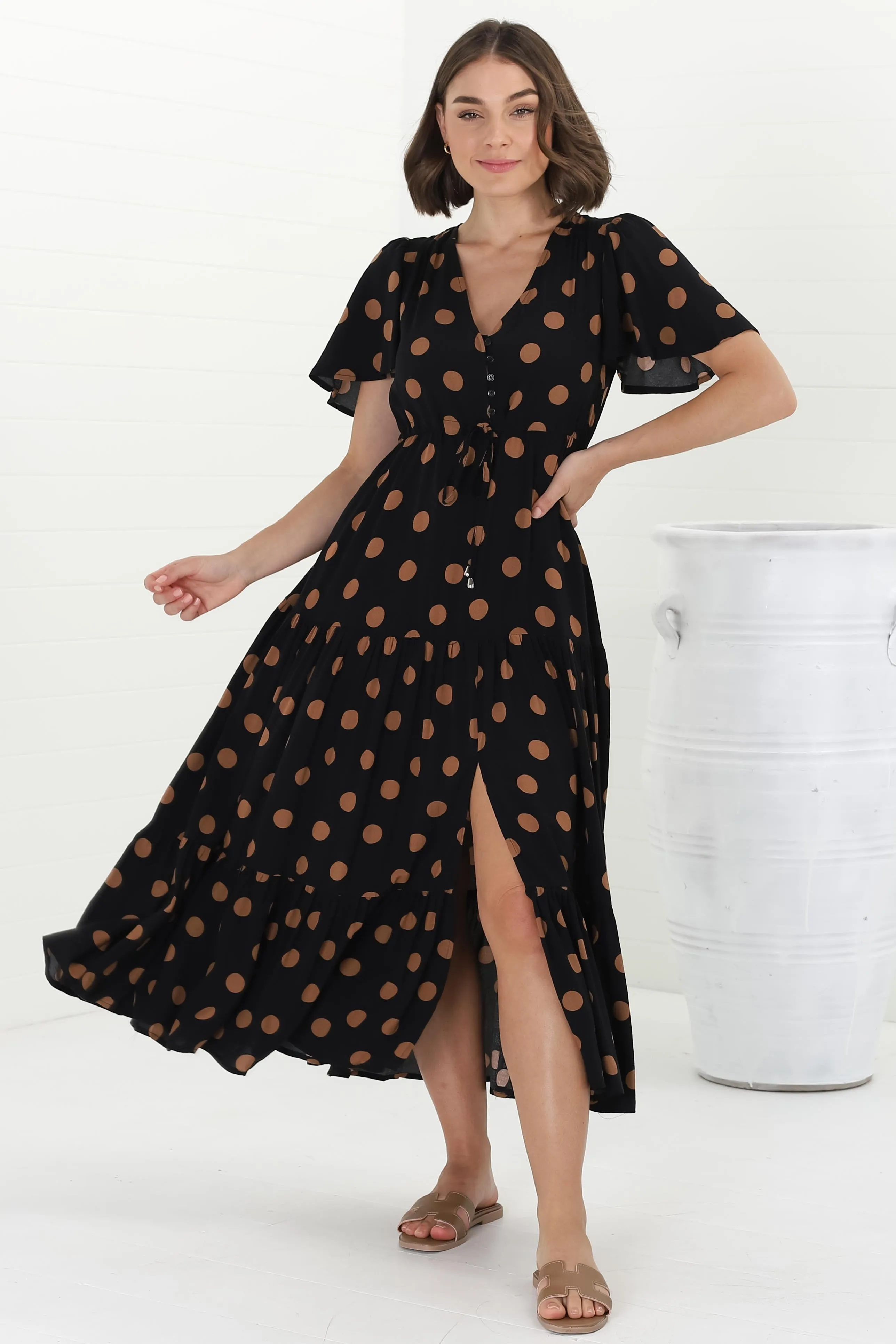 Adhira Maxi Dress - Buttoned Bodice A Line Dress With Flute Sleeves In Mahony Print sold by Salty Crush product image thumbnail 5