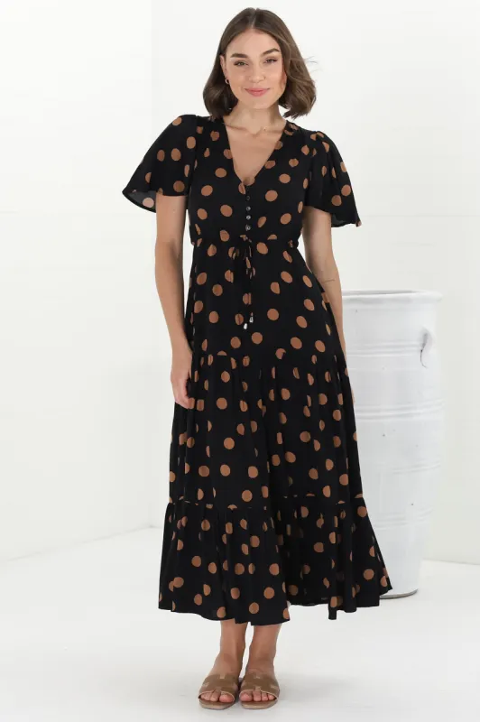 Adhira Maxi Dress - Buttoned Bodice A Line Dress With Flute Sleeves In Mahony Print sold by Salty Crush