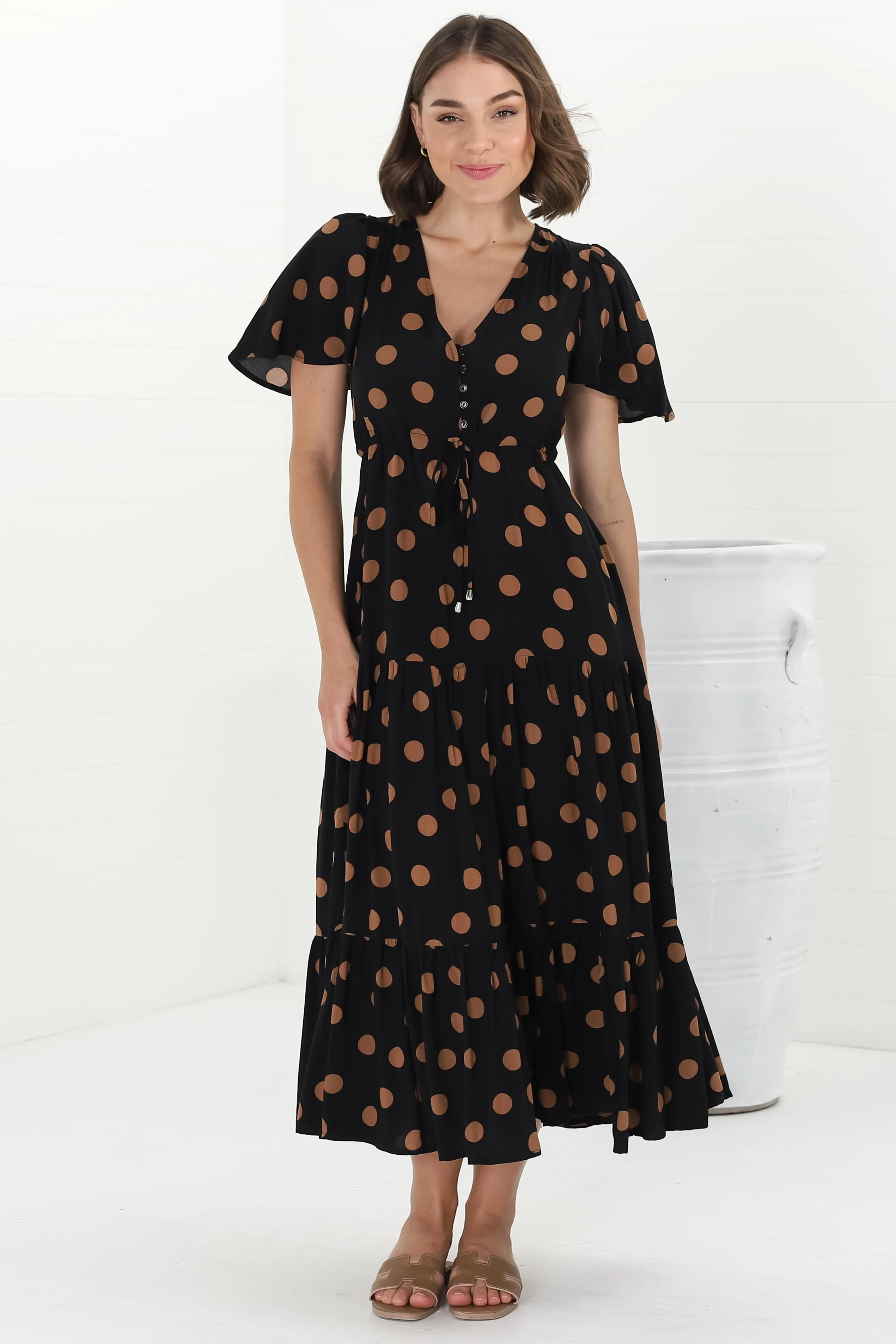 Adhira Maxi Dress - Buttoned Bodice A Line Dress With Flute Sleeves In Mahony Print sold by Salty Crush
