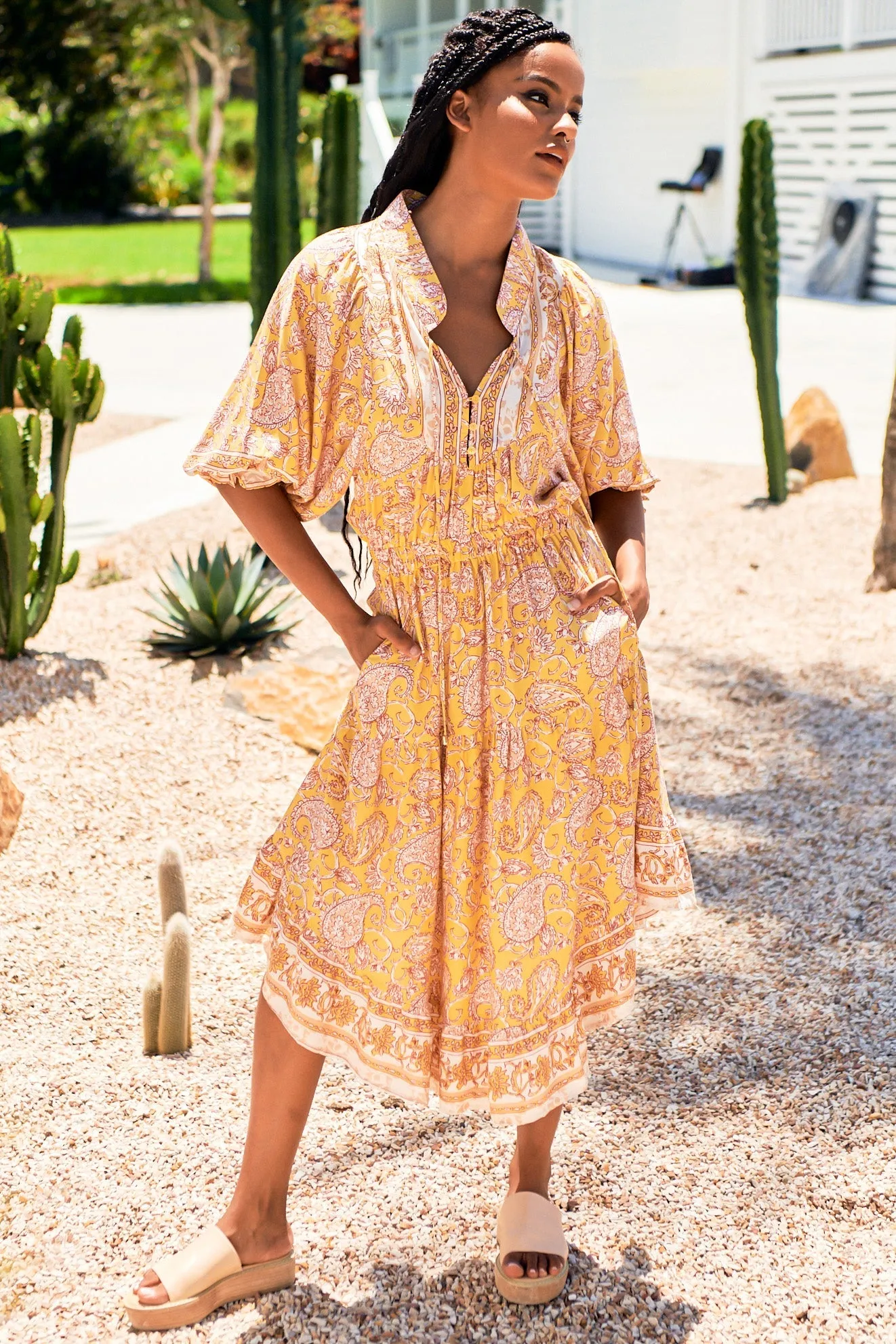 JAASE - Jasmine Midi Dress: Mandarin Collar Elasticated Waist U Hemline Dress in Elodie Print sold by Salty Crush